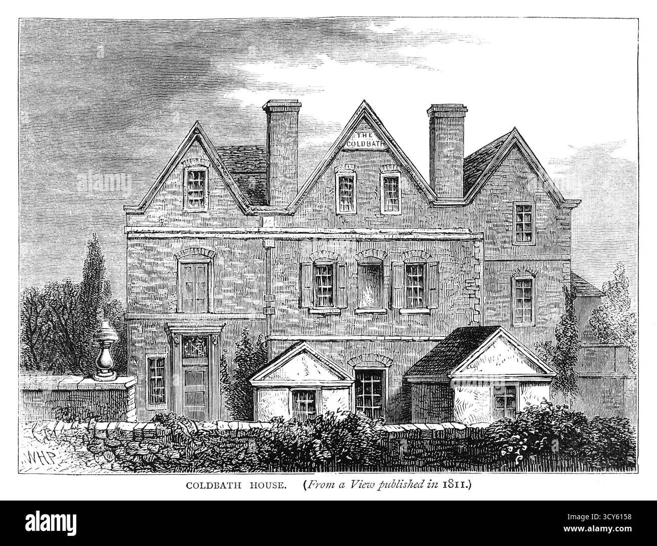 Gravure du XIXe siècle de l'extérieur de Coldbath House telle qu'elle apparaissait en 1811, la maison de correction à Clerkenwell, Londres, une grande prison connue pour ses conditions difficiles. Elle a été construite entre 1788 et 1794 et établie comme prison réformiste avec des conceptions influencées par des réformateurs comme John Howard. Cependant, il est devenu célèbre pour son régime strict de silence et l'utilisation du tapis roulant. Banque D'Images