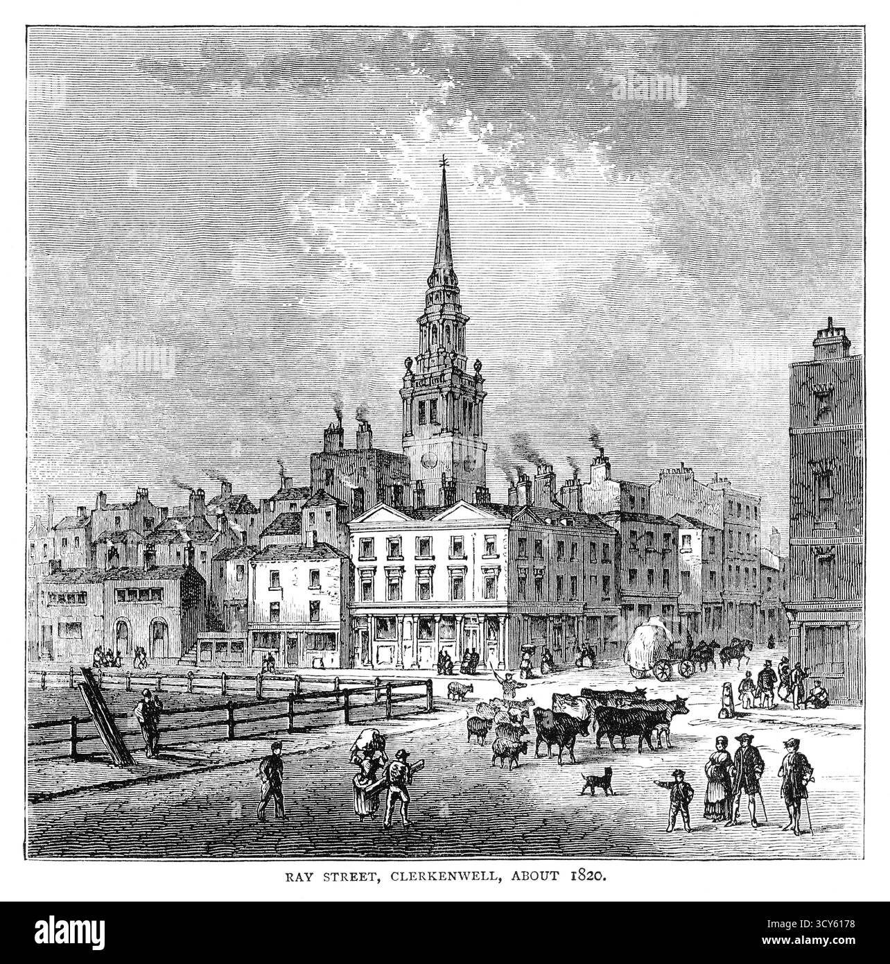 Gravure du 19ème siècle de Ray Street, Clerkenwell, vers 1820, avec le bétail étant gardé en troupe à travers l'espace ouvert pendant que les gens marchent. Un chariot tiré par des chevaux apparaît au loin et une flèche d'église s'élève derrière les maisons. La rue était connue comme un lieu de divertissement. Il était auparavant connu sous le nom de Hockley-in-the-Hole, un site pour des spectacles publics tels que l'appât de taureaux et les combats de chiens. C'était aussi le site de la pompe pour le printemps Clerks Well. Le célèbre clown Joseph Grimaldi, qui y vécut de 1818 à 1828. Banque D'Images