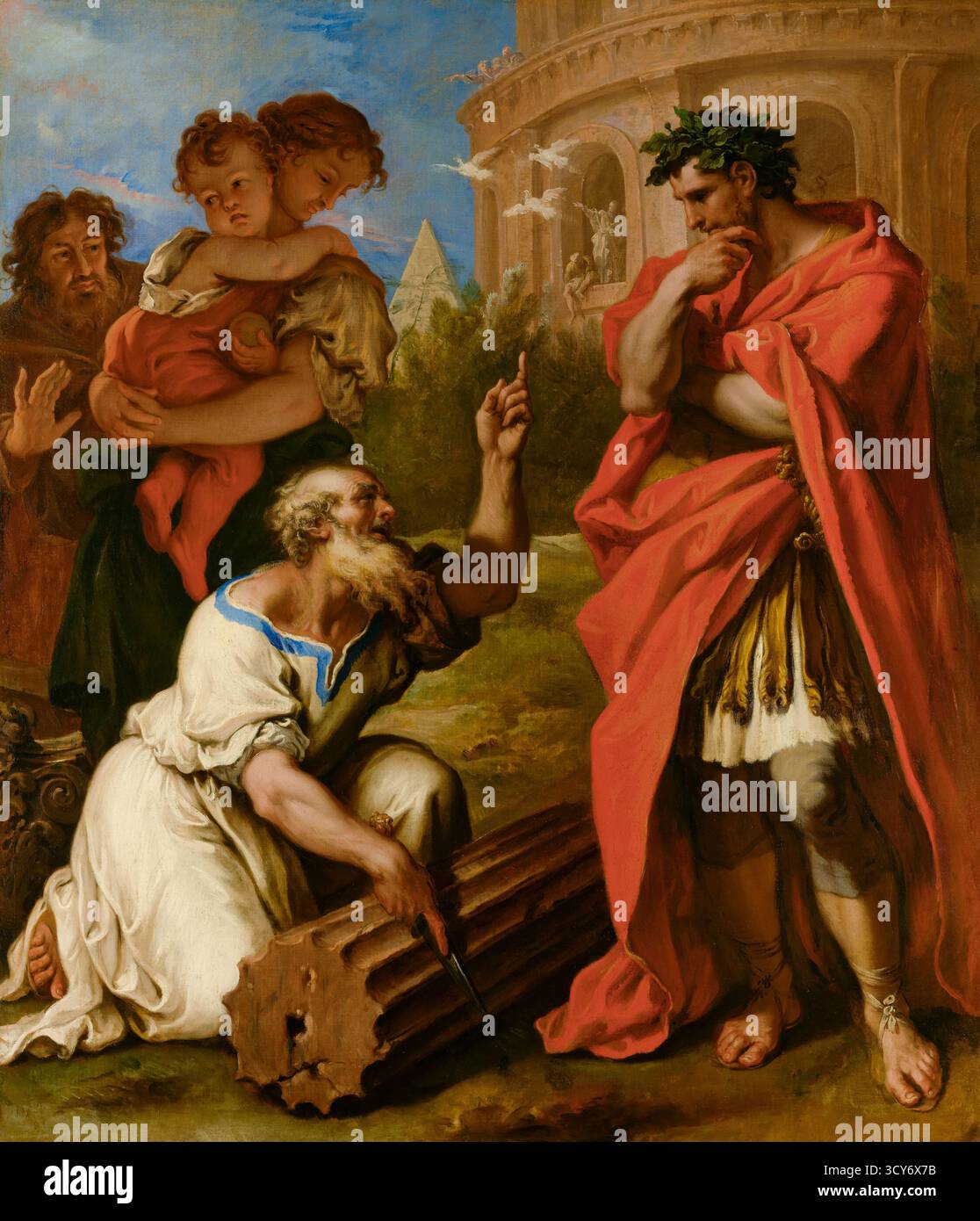 Tarquin l'ancien consultant Attus Navius c. 1690 peinture de l'artiste italien Sebastiano Ricci (1659-1734) montrant le légendaire roi romain Tarquinius Priscus (Tarquin l'ancien) défiant l'augur Attus Navius pour démontrer ses pouvoirs prophétiques. Banque D'Images