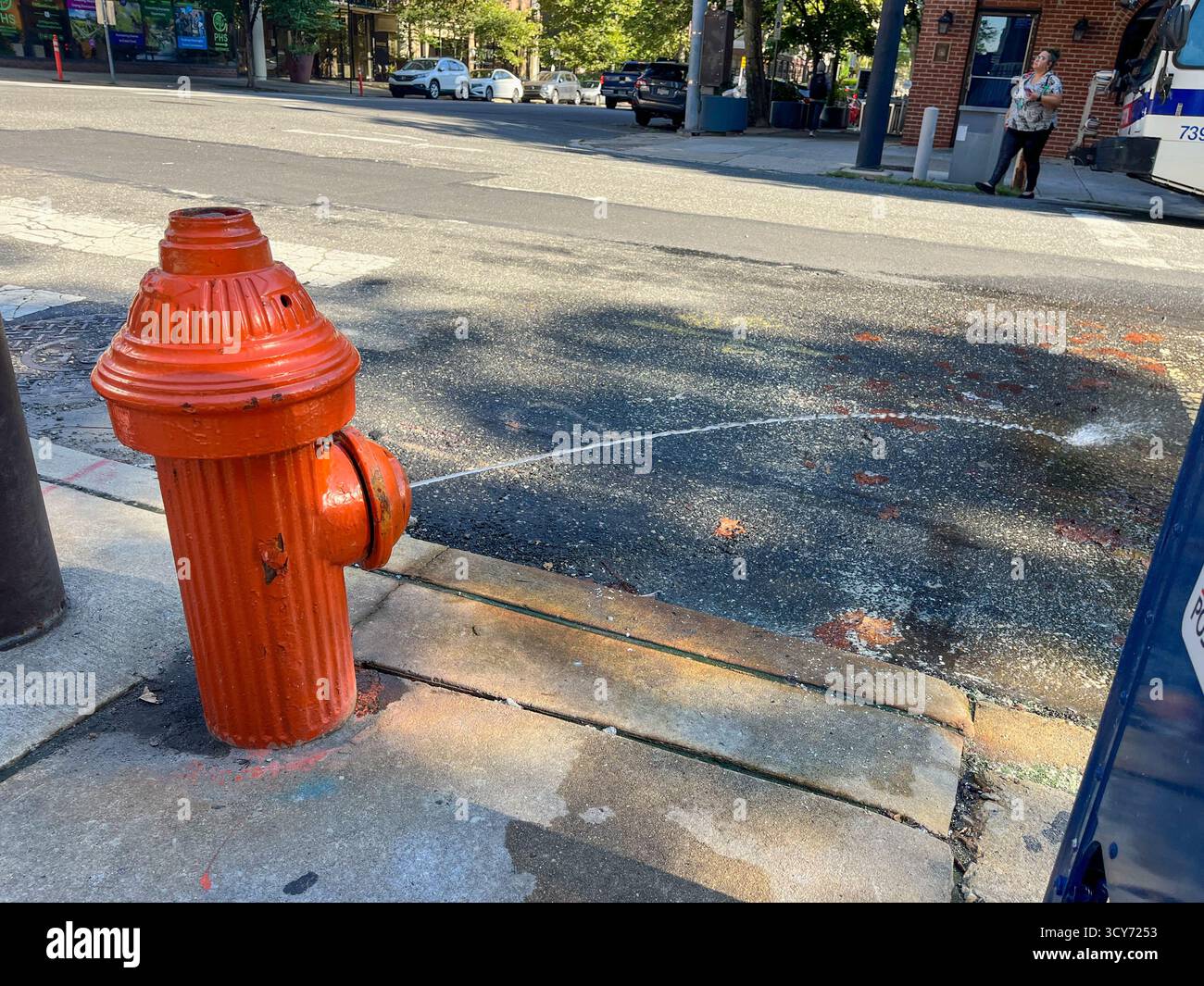 Une bouche d'incendie pulvérise de l'eau sur le trottoir. La bouche d'incendie est orange et est située sur le côté de la route Banque D'Images Une bouche d'incendie pulvérise de l'eau sur le trottoir. La bouche d'incendie est orange et est située sur le côté de la route Banque D'Images