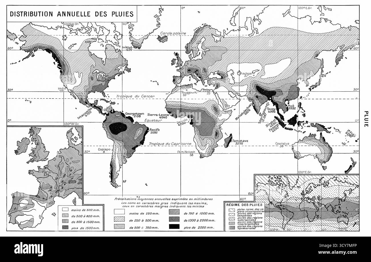 Répartition annuelle des précipitations - carte climatique montrant les régimes de précipitations - cartographie géographique et météorologique Banque D'Images
