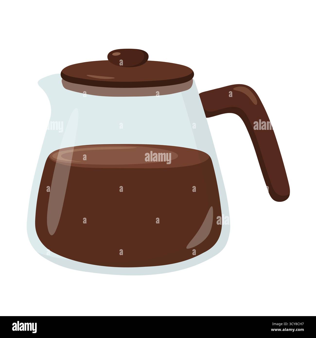 Cafetière en verre avec couvercle en plastique marron et poignée remplie de café noir. Idéal pour les ustensiles de cuisine, la préparation goutte à goutte de la routine matinale et les boissons vi Illustration de Vecteur