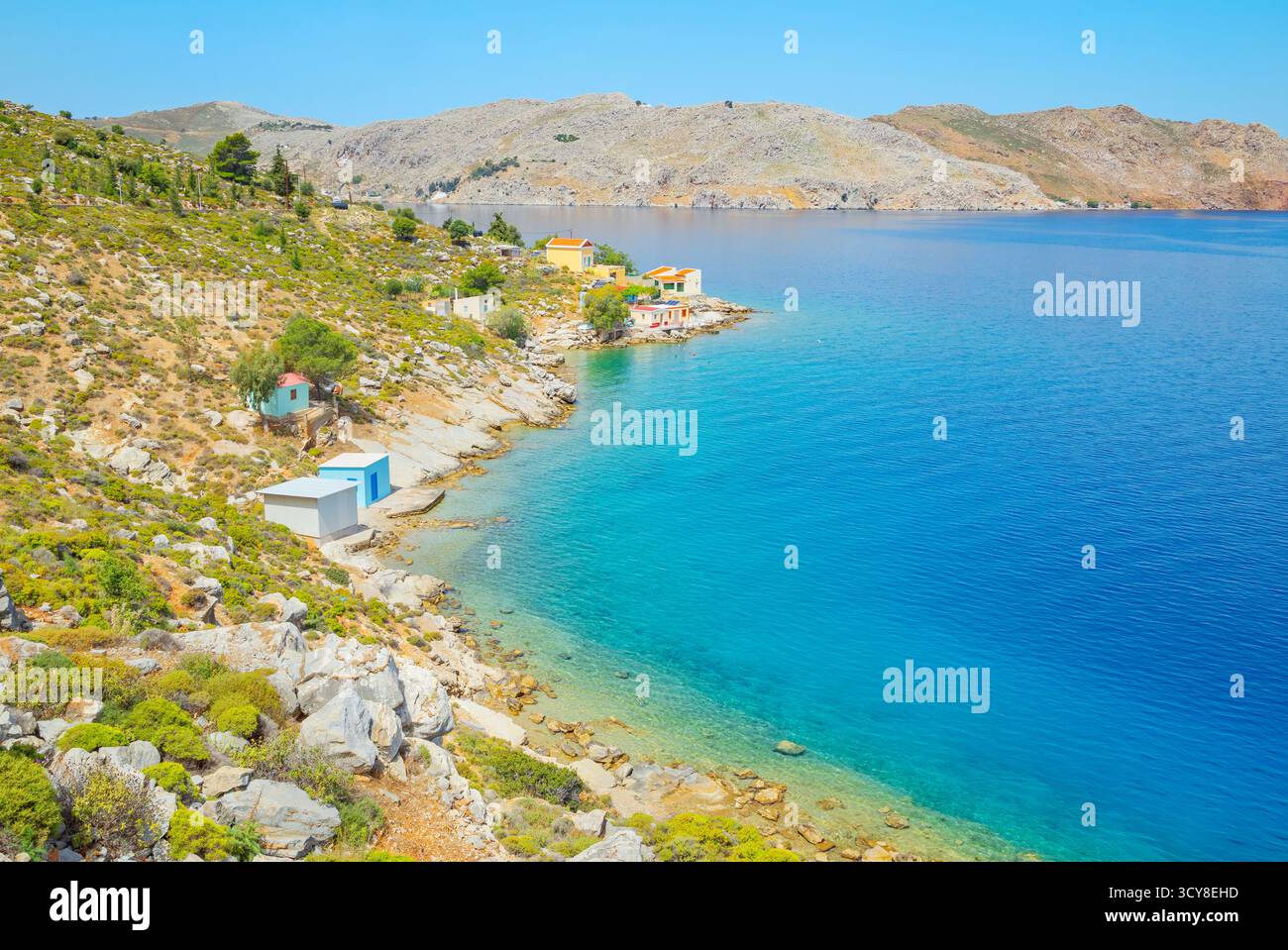 Plage de Nimborio, Nimborio, Île de Symi, Îles du Dodécanèse, Grèce Banque D'Images
