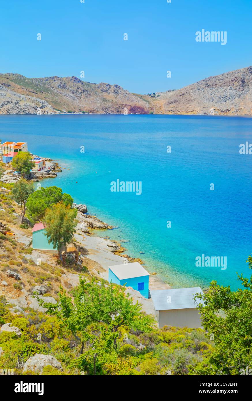 Plage de Nimborio, Nimborio, Île de Symi, Îles du Dodécanèse, Grèce Banque D'Images