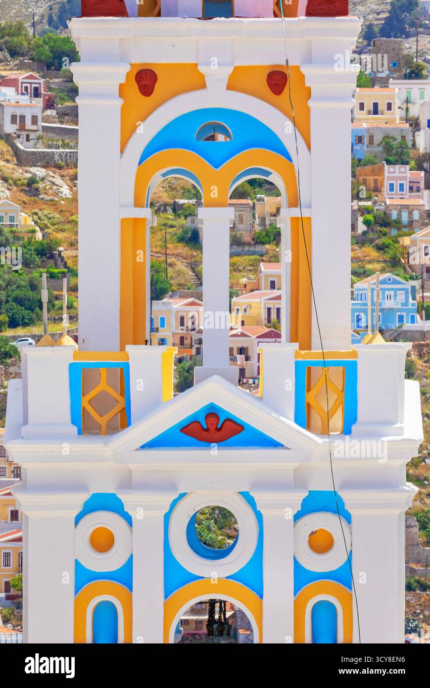 Église d'Evangelismos (également connue sous le nom d'église de l'Annonciation) clocher, Gialos, île de Symi, îles du Dodécanèse, Grèce Banque D'Images