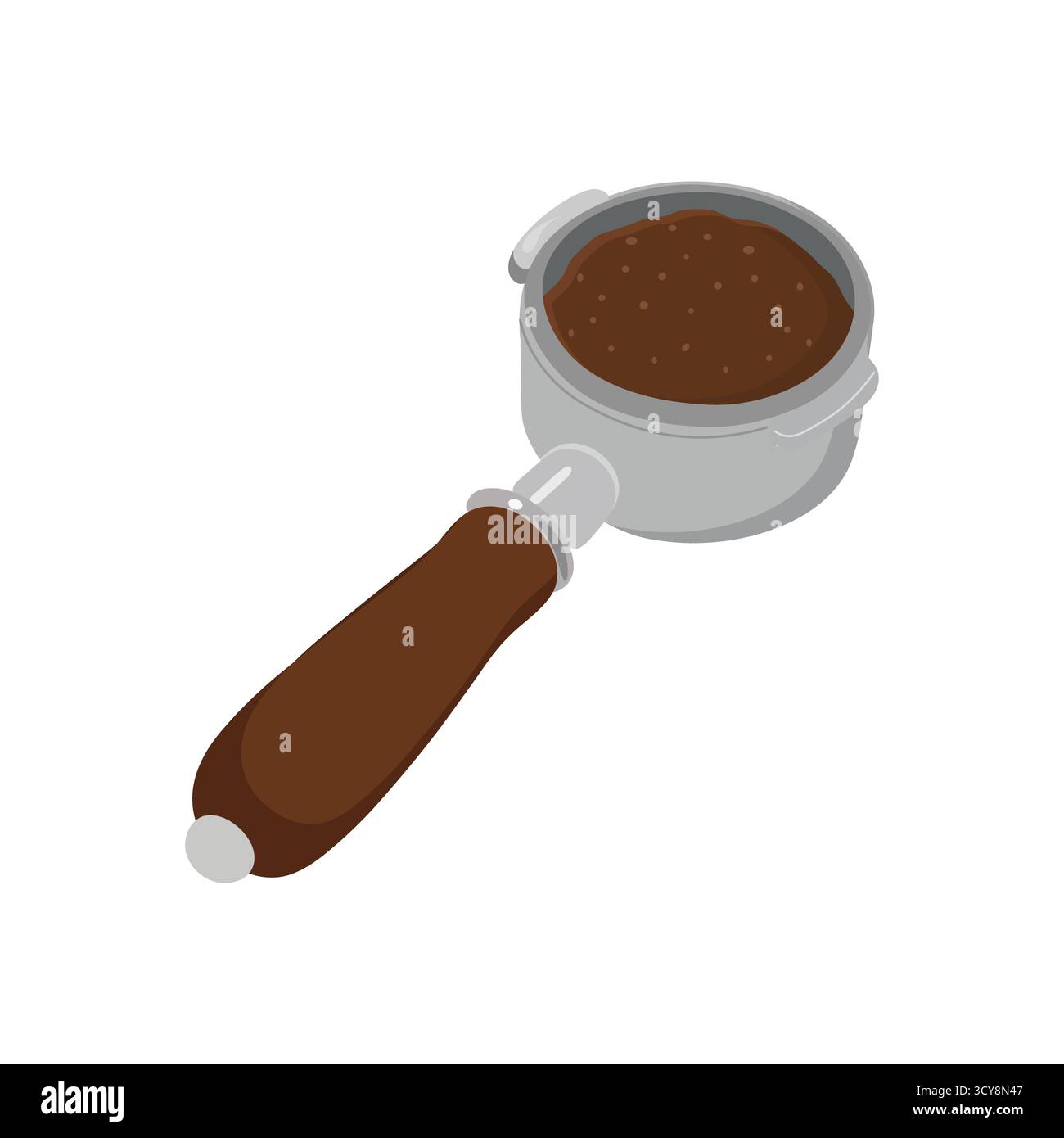 Porte-filtre en métal avec Marc de café tassé uniformément. Parfait pour les tutoriels sur l'espresso, la formation de barista ou les visuels sur l'équipement de café. Met en évidence la préparation du café p Illustration de Vecteur