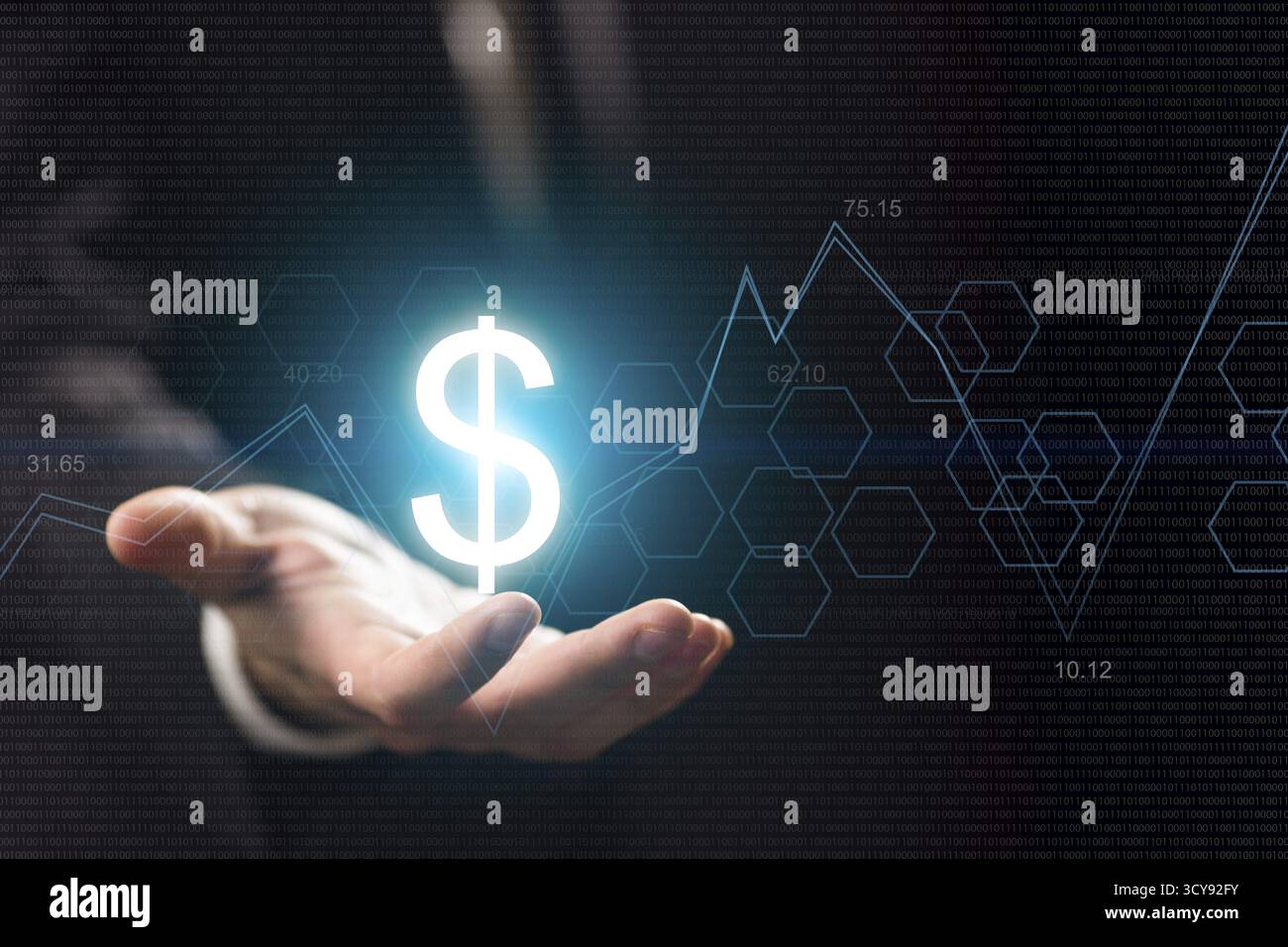 Symboles de devises sur la main de l'homme. Faire de l'argent et la richesse Banque D'Images