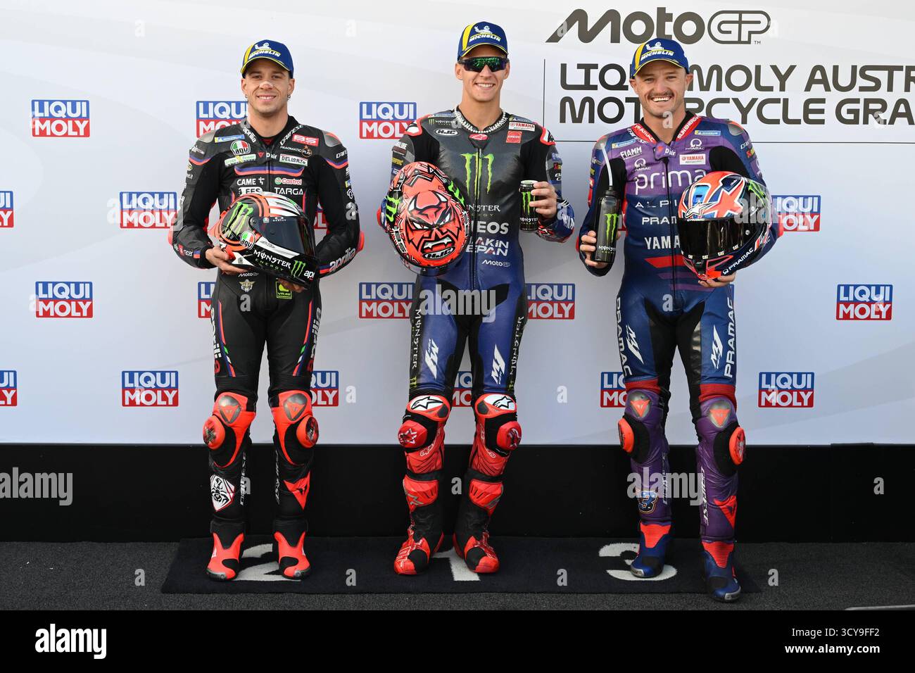 Qualification pour le Grand Prix d'Australie de MotoGP Ligui Moly sur le circuit de Phillip Island. Australie 18 octobre 2025 en photo : Fabio Quartararo, Marco Bezzecchi et Jack Miller Clasificacion del Gran Premio Ligui Moly de MotoGP de Australia en el circuito de Phillip Island. 18 de Octubre de 2025 POOL/ MotoGP.com/Cordon les images de presse seront à usage éditorial exclusif. Crédit obligatoire : © MotoGP.com crédit : CORDON PRESS/Alamy Live News Banque D'Images