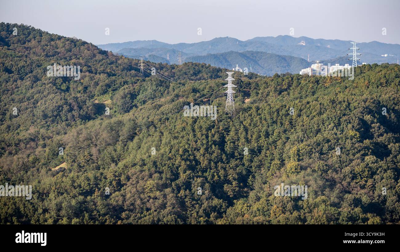 Une vue panoramique de collines couvertes d'arbres verts denses, lignes électriques traversant le paysage, montagnes lointaines en arrière-plan sous un Banque D'Images