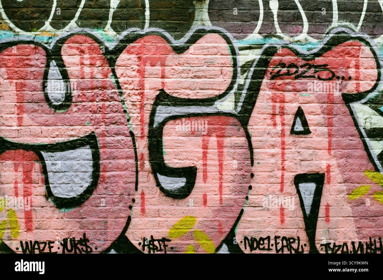 Graffiti rose sur un mur de briques à Manchester, en Angleterre, photographié sur un film couleur Fujifilm 200, montrant des détails et une texture audacieux du Street art Banque D'Images