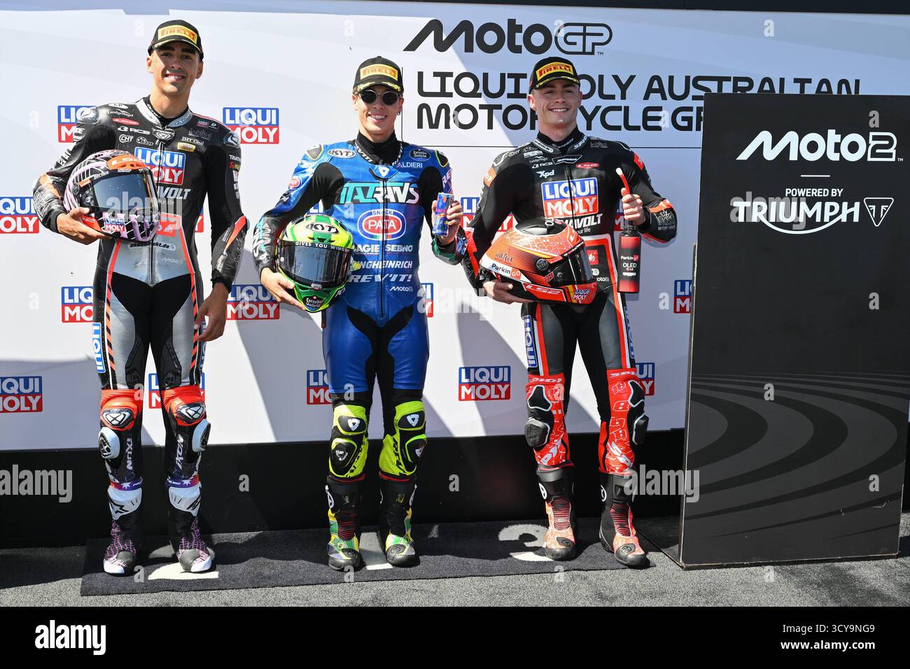 Qualification pour le Grand Prix d'Australie de MotoGP Ligui Moly sur le circuit de Phillip Island. Australie 18 octobre 2025 en photo : Moto2 Diogo Moreira, Senna Agius et Manuel Gonzalez Clasificacion del Gran Premio Ligui Moly de MotoGP de Australia en el circuito de Phillip Island. 18 de Octubre de 2025 POOL/ MotoGP.com/Cordon les images de presse seront à usage éditorial exclusif. Crédit obligatoire : © MotoGP.com crédit : CORDON PRESS/Alamy Live News Banque D'Images