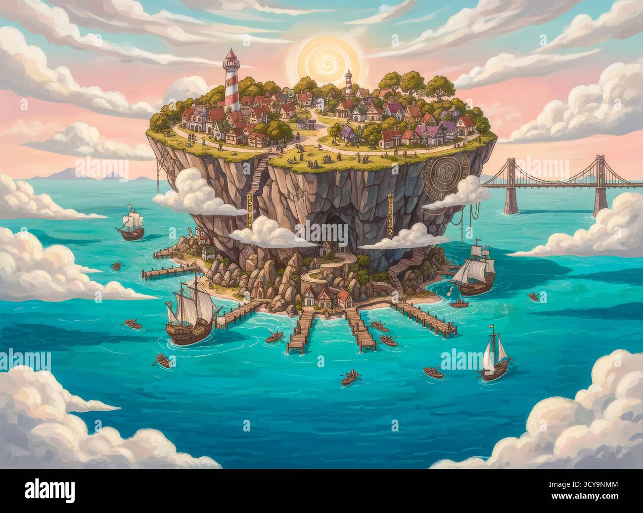 Illustration fantastique d'un port insulaire avec des navires pirates, phare et village flottant parmi les nuages. Banque D'Images