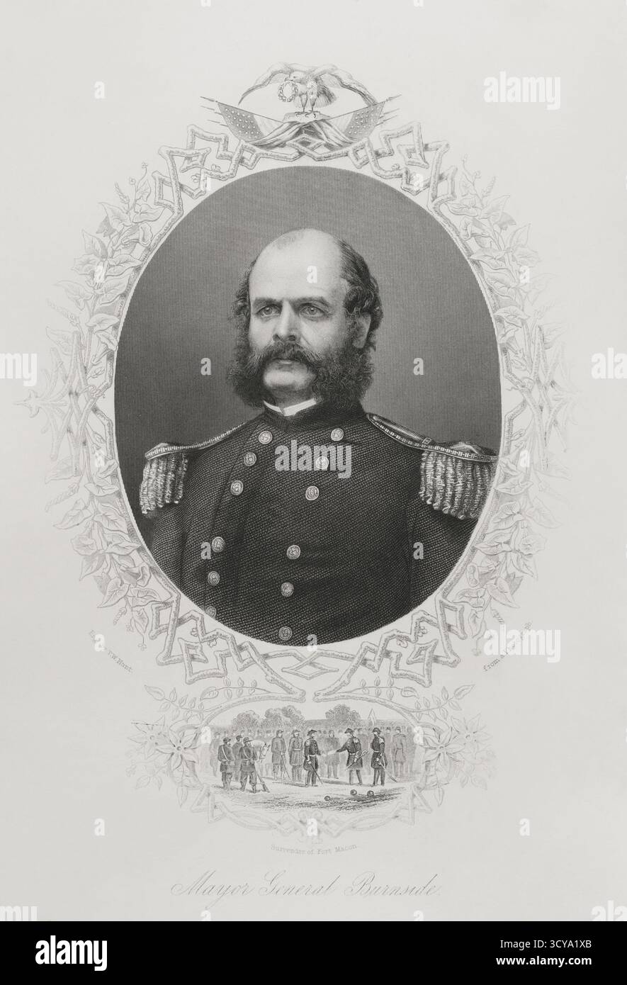 Ambrose E. Burnside (Ambrose Everett Burnside) (1824-1881) Officier de l'armée américaine et politicien. Il atteint le grade de major général dans l'Union pendant la guerre de Sécession. Gouverneur du Rhode Island à trois reprises. Major général Burnside. Portrait. La vignette représente la reddition du fort Macon en avril 1862. Gravure de Thomas William Hunt (1818-1899) à partir d'une photographie. Histoire des États-Unis, par J. A. Spencer. Volume III Edition publié à Barcelone, 1873. Banque D'Images Ambrose E. Burnside (Ambrose Everett Burnside) (1824-1881) Officier de l'armée américaine et politicien. Il atteint le grade de major général dans l'Union pendant la guerre de Sécession. Gouverneur du Rhode Island à trois reprises. Major général Burnside. Portrait. La vignette représente la reddition du fort Macon en avril 1862. Gravure de Thomas William Hunt (1818-1899) à partir d'une photographie. Histoire des États-Unis, par J. A. Spencer. Volume III Edition publié à Barcelone, 1873. Banque D'Images
