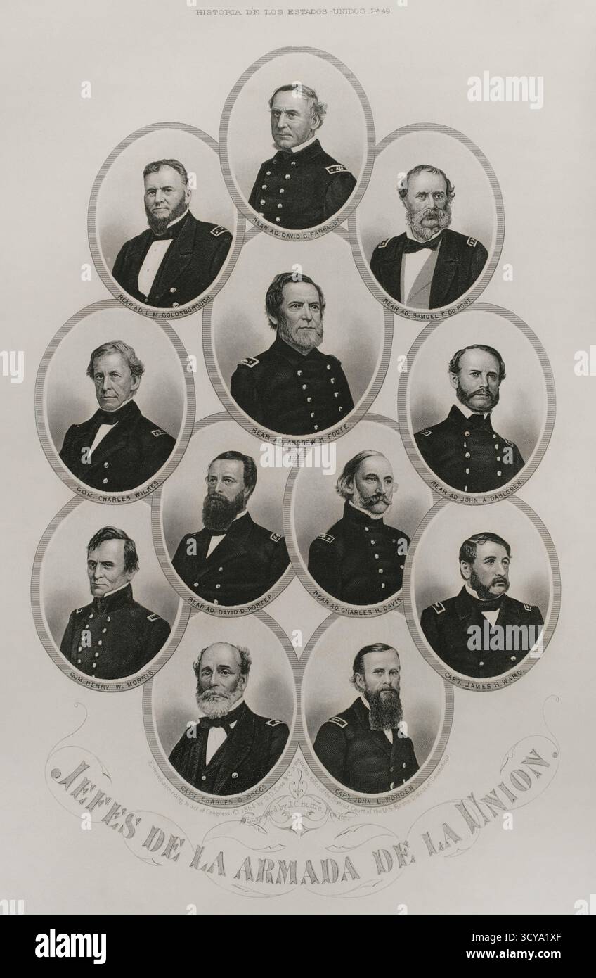 États-Unis. Guerre de Sécession (1861-1865). Officiers de marine de l'Union. De haut en bas et de gauche à droite : le contre-amiral David G. Farragut (1801 1877 1811-1870), le contre-amiral Louis M. Goldsborough (1805-1877), le contre-amiral Samuel F. du Pont (1803-1865), 1806 le contre-amiral Charles Wilkes (1798-1863 1877), le contre-amiral Andrew 1863 H. Foote (1813 1806-1861), le contre-amiral John A. Dahlgren (1809), le Commodore Henry W. Morris (1877), le capitaine Charles Wogard (1806-1807), le capitaine Charles Wogard (1891-1870) Banque D'Images