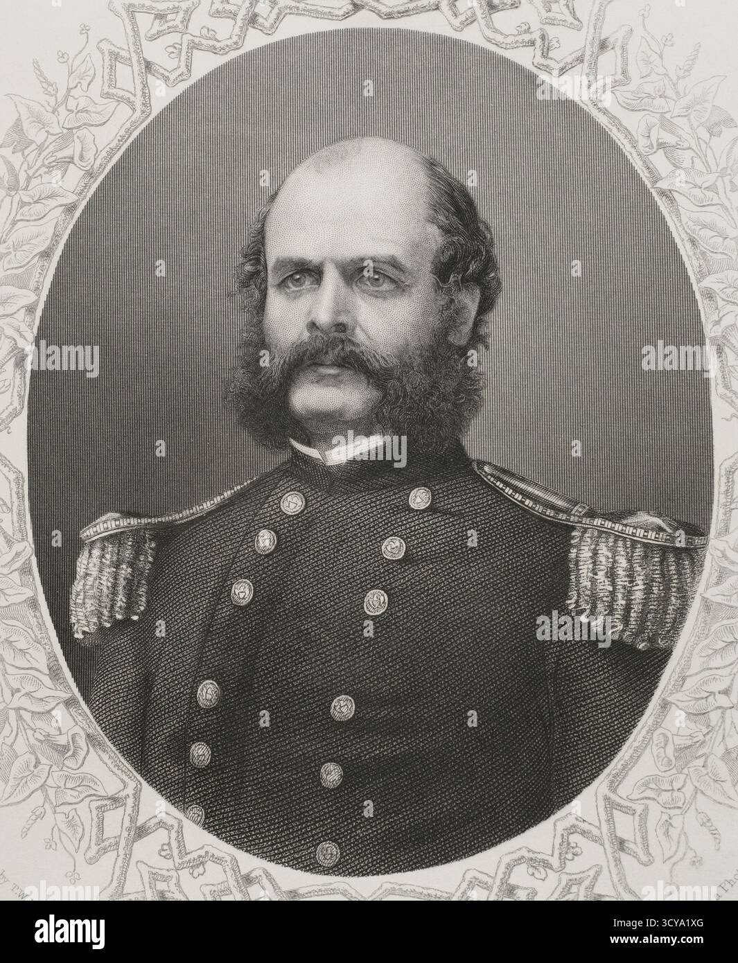 Ambrose E. Burnside (Ambrose Everett Burnside) (1824-1881) Officier de l'armée américaine et politicien. Il atteint le grade de major général dans l'Union pendant la guerre de Sécession. Gouverneur du Rhode Island à trois reprises. Major général Burnside. Portrait. Gravure de Thomas William Hunt (1818-1899) à partir d'une photographie. Histoire des États-Unis, par J. A. Spencer. Volume III Edition publié à Barcelone, 1873. Banque D'Images Ambrose E. Burnside (Ambrose Everett Burnside) (1824-1881) Officier de l'armée américaine et politicien. Il atteint le grade de major général dans l'Union pendant la guerre de Sécession. Gouverneur du Rhode Island à trois reprises. Major général Burnside. Portrait. Gravure de Thomas William Hunt (1818-1899) à partir d'une photographie. Histoire des États-Unis, par J. A. Spencer. Volume III Edition publié à Barcelone, 1873. Banque D'Images