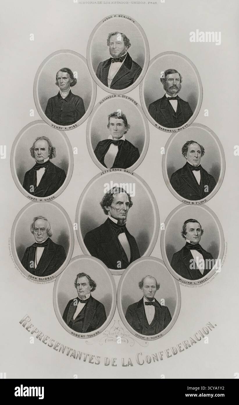 États-Unis. Guerre de Sécession (1861-1865). Chefs confédérés. De haut en bas et de gauche à droite : Judah P. Benjamin (1811-1884 1897), Henry A. Wise (1806-1876), R. Barnwell Rhett (1800-1876), Alexander H. Stephens (1812-1883), James M. Mason (1798-1871), John B. Floyd (1806-1863), John Slidell (1793-1871), Jefferson Davis (1808-1889), William L. Yancey (1814-1863), Robert Toombs (1810-1885) et Isham G. Harris (1818). Gravure de J.C. Buttre (1821-1893), vers 1864. Histoire des États-Unis, par J. A. Spencer. Volume III Edition publié à Barcelone, 1873. Banque D'Images États-Unis. Guerre de Sécession (1861-1865). Chefs confédérés. De haut en bas et de gauche à droite : Judah P. Benjamin (1811-1884 1897), Henry A. Wise (1806-1876), R. Barnwell Rhett (1800-1876), Alexander H. Stephens (1812-1883), James M. Mason (1798-1871), John B. Floyd (1806-1863), John Slidell (1793-1871), Jefferson Davis (1808-1889), William L. Yancey (1814-1863), Robert Toombs (1810-1885) et Isham G. Harris (1818). Gravure de J.C. Buttre (1821-1893), vers 1864. Histoire des États-Unis, par J. A. Spencer. Volume III Edition publié à Barcelone, 1873. Banque D'Images
