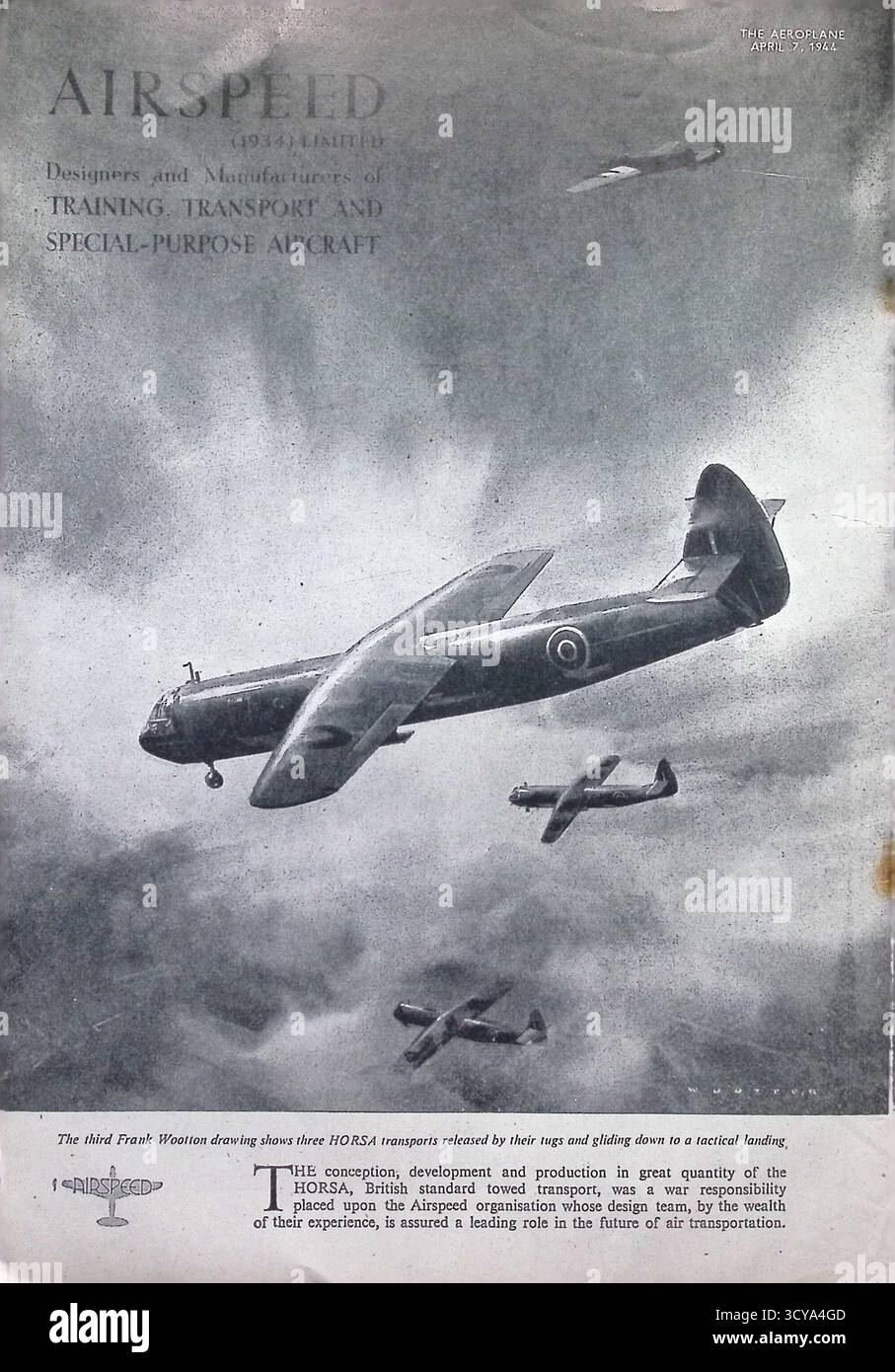 Original la publicité du magazine Aeroplane datée du 7 avril 1944 pour Airspeed (1934) Limited, concepteurs et fabricants d'aéronefs d'entraînement, de transport et d'aéronefs à usage spécial. L'image de Frank Wootton représente trois planeurs Horsa relâchés de leurs remorqueurs et descendant pour un atterrissage tactique. La publicité souligne la contribution de Airspeed aux opérations aéroportées britanniques pendant la seconde Guerre mondiale Banque D'Images