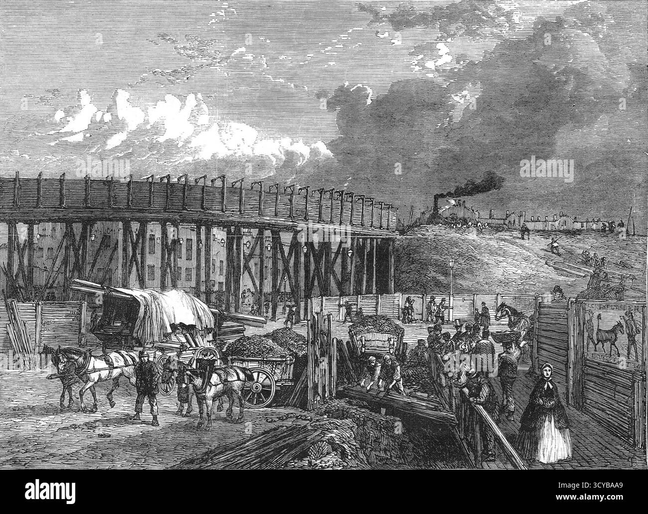 Travaux du Midland Railway à King's Cross, pont temporaire, Old St, St Pancras Road, 1867 Banque D'Images