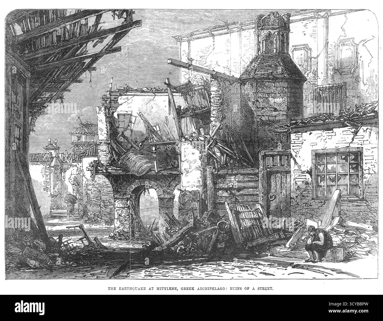 Ruines d'une rue après le grand tremblement de terre de février 1867, Mytilène, sur l'île grecque de Lesbos. Banque D'Images Ruines d'une rue après le grand tremblement de terre de février 1867, Mytilène, sur l'île grecque de Lesbos. Banque D'Images