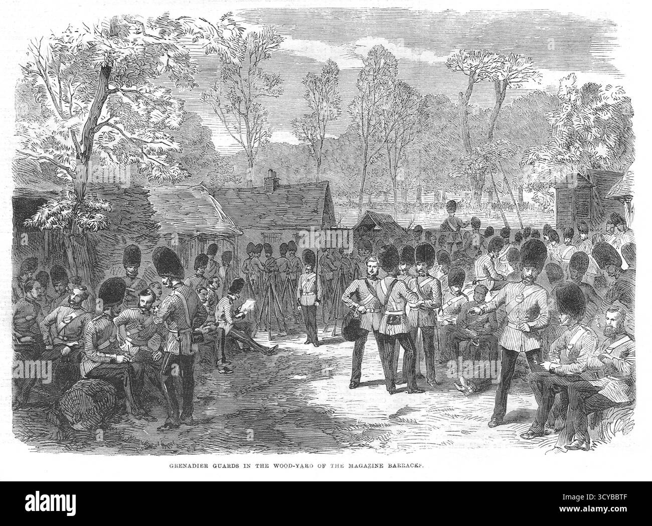 La réunion de réforme à Hyde Park, le 6 mai 1867. Les Grenadier Guards dans la cour à bois de la caserne à magazines Banque D'Images