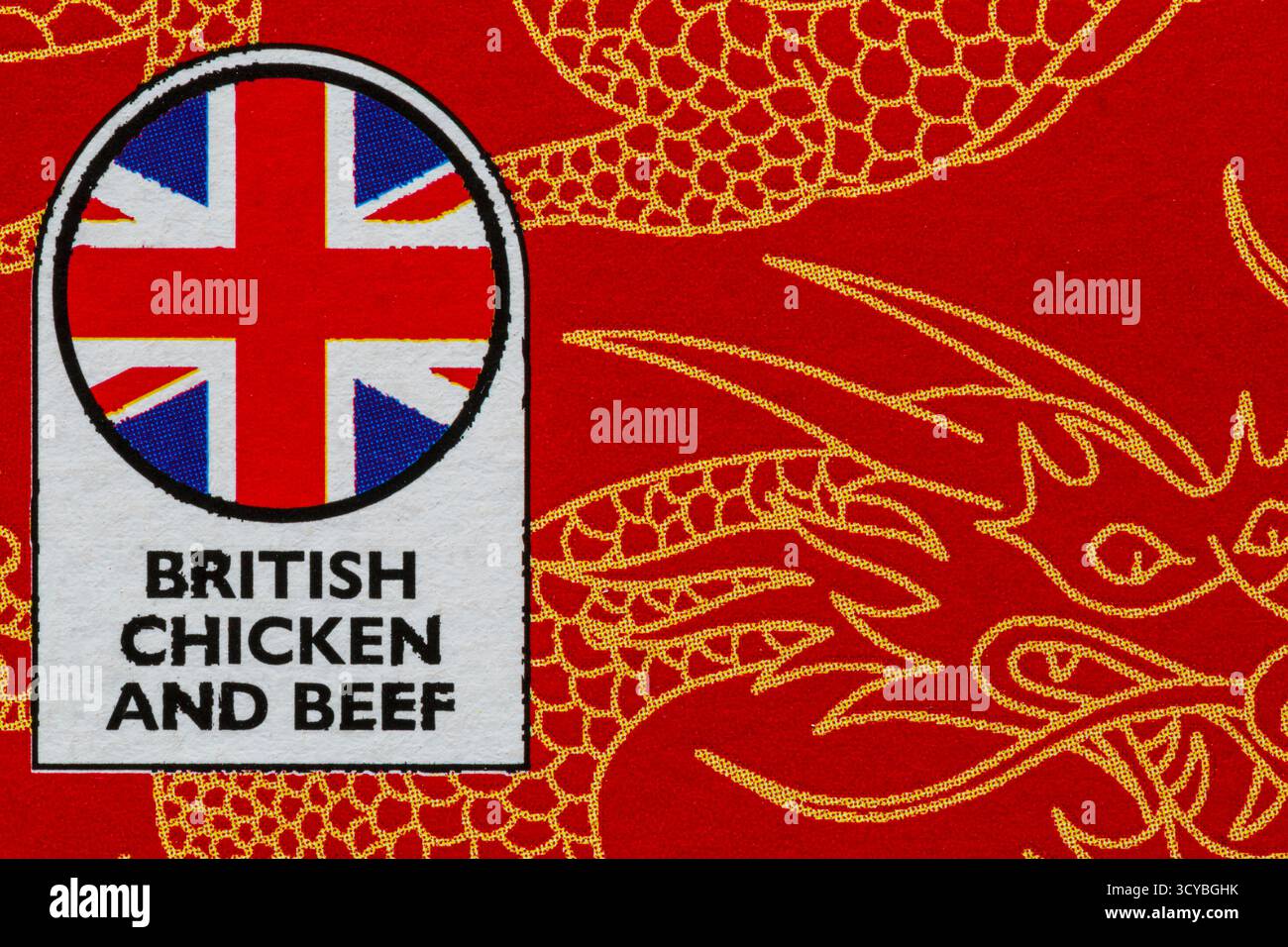 Symbole de poulet et de bœuf britannique sur la boîte de repas chinoise à emporter de Waitrose Banque D'Images