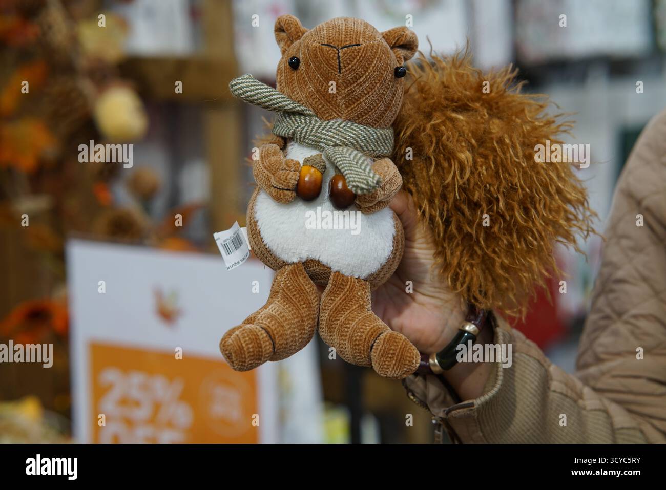 Un acheteur tient un adorable écureuil en peluche avec glands et écharpe exposé au Haskins Garden Centre pendant l'automne et la saison des fêtes. Banque D'Images