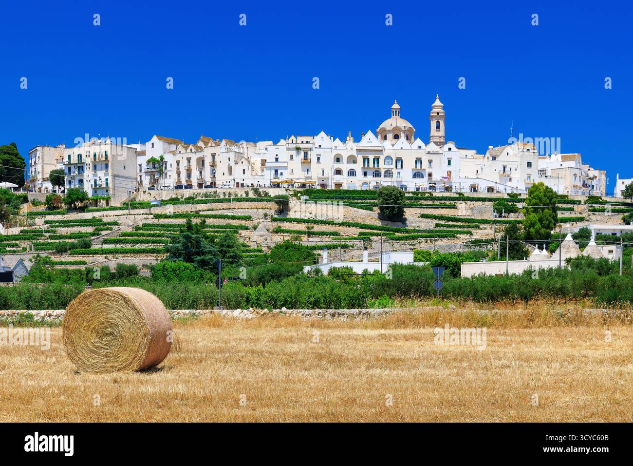 Locorotondo, Pouilles, Italie. Vue depuis la vallée d'Itria. Banque D'Images