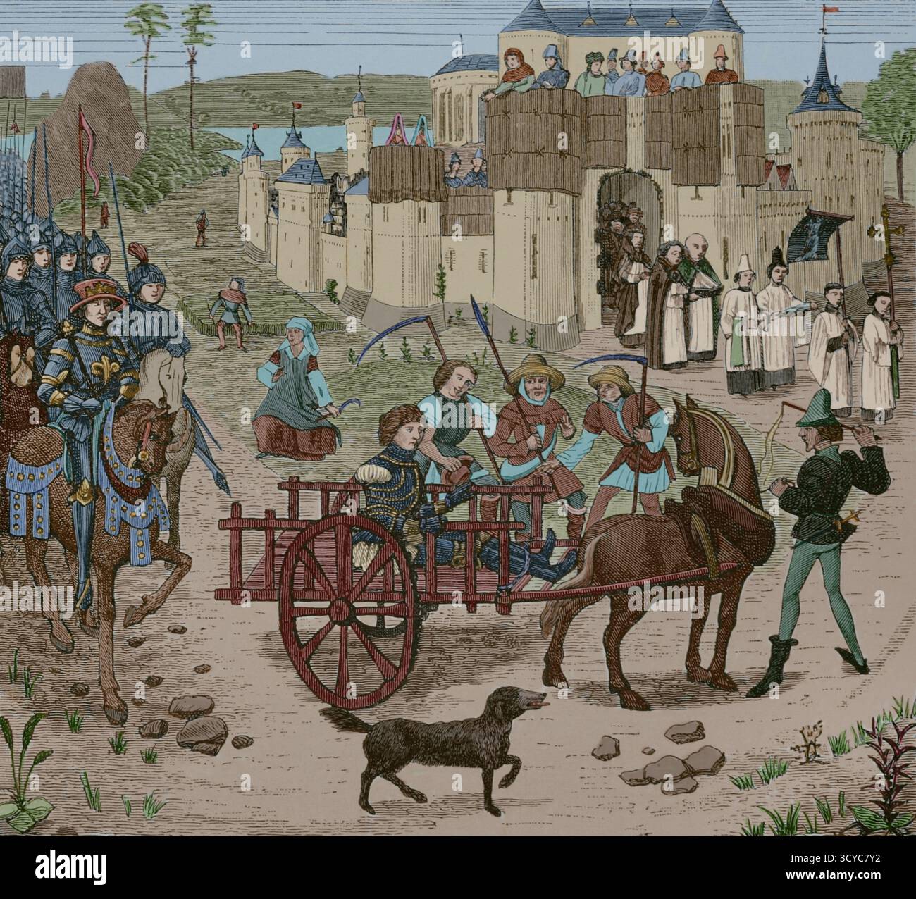 L'Infant Ferdinand de Portugal (1188-1233), comte de Flandre (1215-1233), fut fait prisonnier à la bataille de Bouvines le 27 juillet 1214. La bataille a opposé une coalition internationale formée par les troupes du comte de Flandre, Raynald de Dammartin (comte de Boulogne), le roi Jean d'Angleterre et l'empereur Otton IV, contre l'armée du roi Philippe II Auguste de France. L'armée française a vaincu la coalition. Ferdinand de Portugal fut capturé et emmené enchaîné à Paris pour être emprisonné dans les cachots du Louvre, d'où il ne fut libéré que le 6 janvier 1227. Engravi Banque D'Images