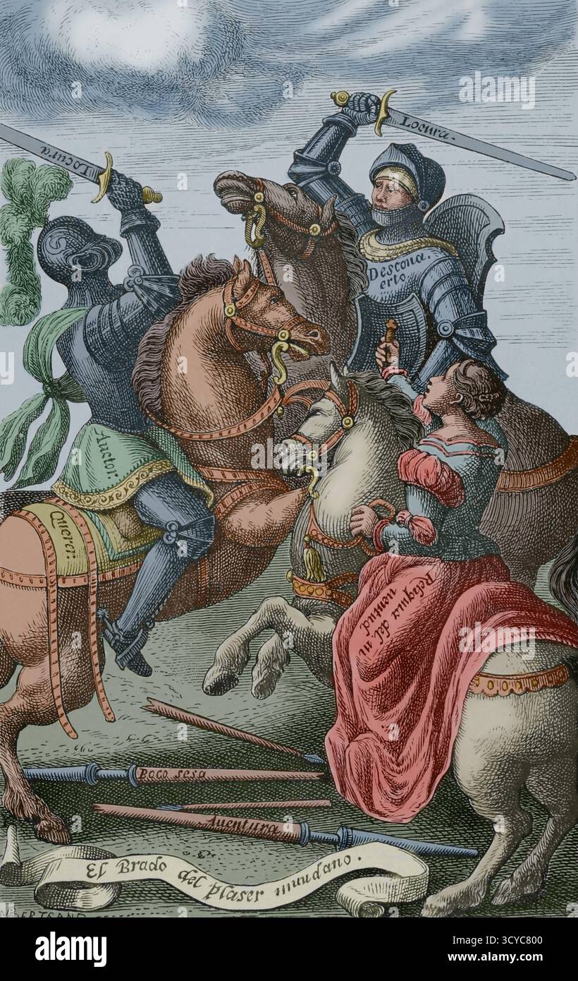 La chevalerie représentée par des caractères allégoriques. Fac-similé par Huyot d'une gravure tirée de 'le Chevalier délibéré', dans sa version espagnole, traduite par Hernando de Acuña et publiée en 1553 ; œuvre originale du Bourgogne Oliver de la Marche publiée en 1488. Vie militaire et religieuse au moyen Age et à l'Epoque de la Renaissance. Paris, 1877. Colorisé. Banque D'Images