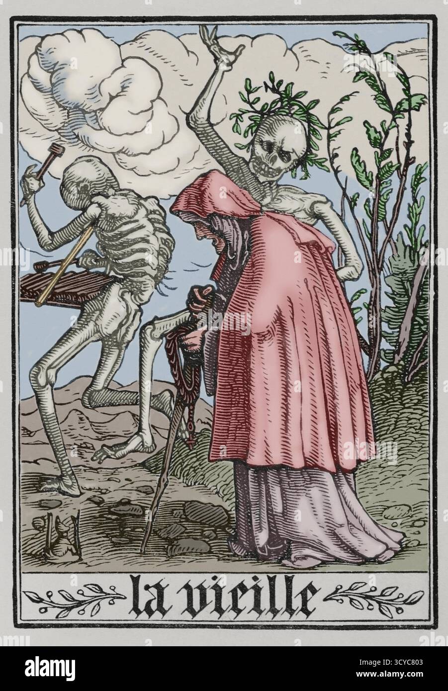 La vieille femme. La mort est représentée guidant une vieille femme qui marche à l'aide d'une canne et tenant un chapelet dans sa main. Un autre squelette ouvre la voie en jouant d'un instrument de percussion musicale. Fac-similé d'une gravure appartenant à la série 'la danse de la mort' de Hans Holbein le jeune, dans 'les Simulachres et histoires facées de la mort', 1538. Vie militaire et religieuse au moyen Age et à l'Epoque de la Renaissance. Paris, 1877. Colorisé. Banque D'Images