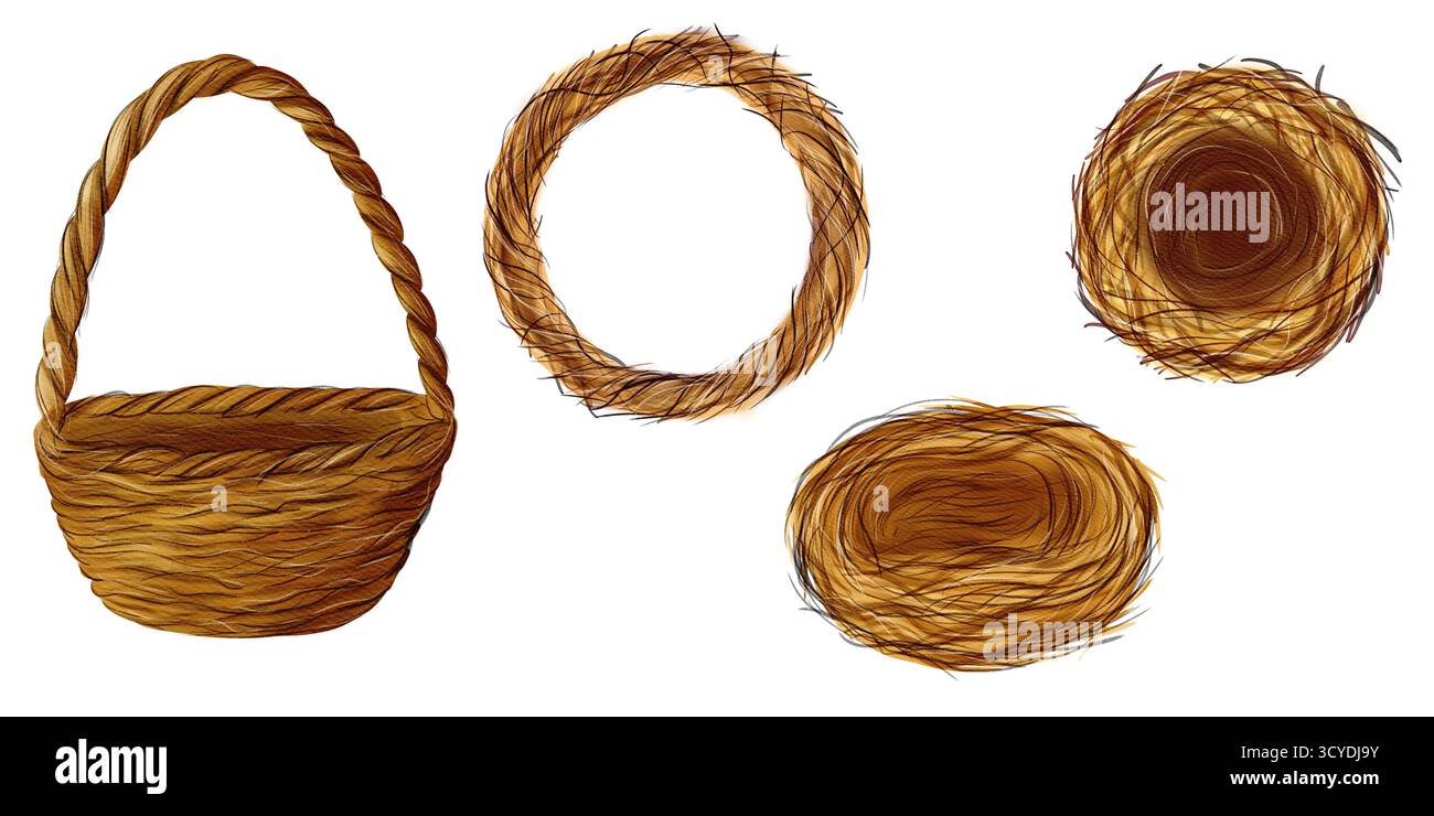Set, clip art de couronne brune ronde, panier en osier, nids faits de branches et viness, pas de feuilles. Illustration numérique aquarelle Banque D'Images