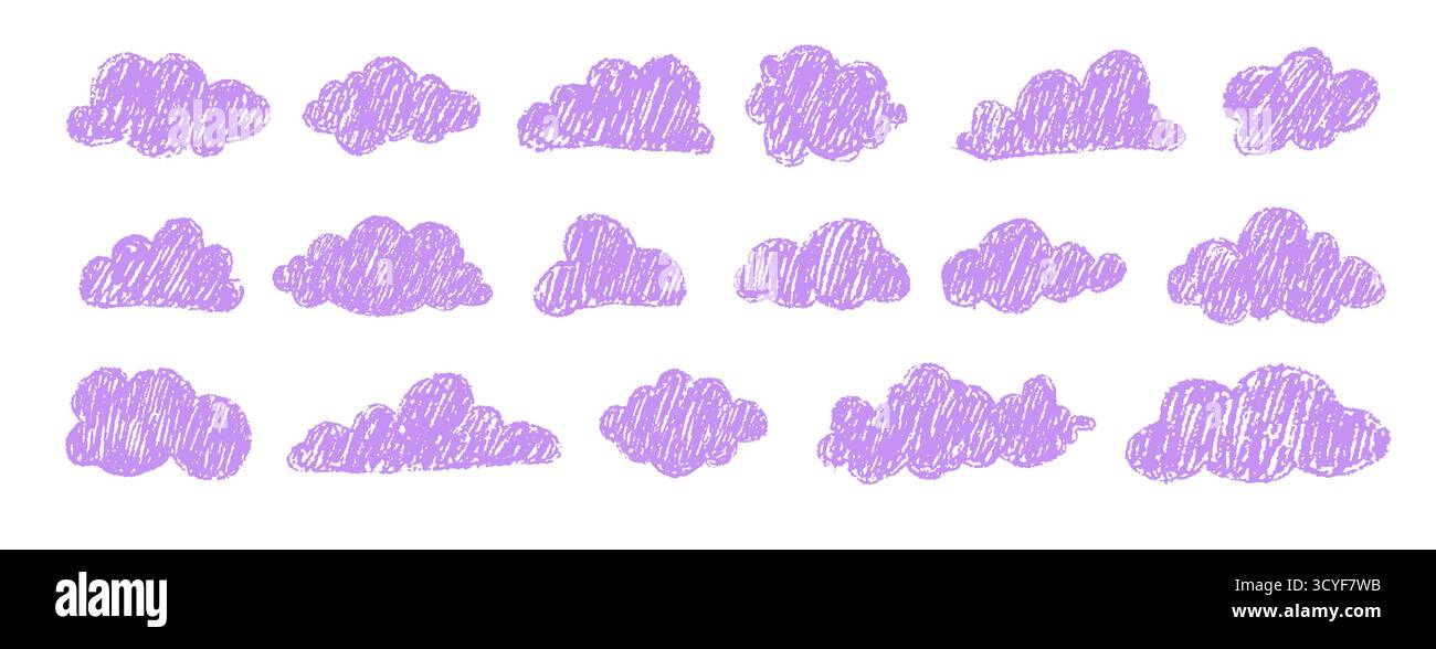 Nuages de crayons mauves naïfs. Graphiques météo dessinés à la main heureux pour la papeterie pour enfants. Illustration vectorielle Illustration de Vecteur