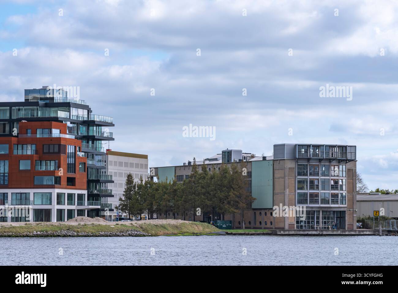 Maisons modernes sur les rives de la rivière Amstel à Amsterdam — vue latérale avec arbres d'automne et ciel nuageux Banque D'Images