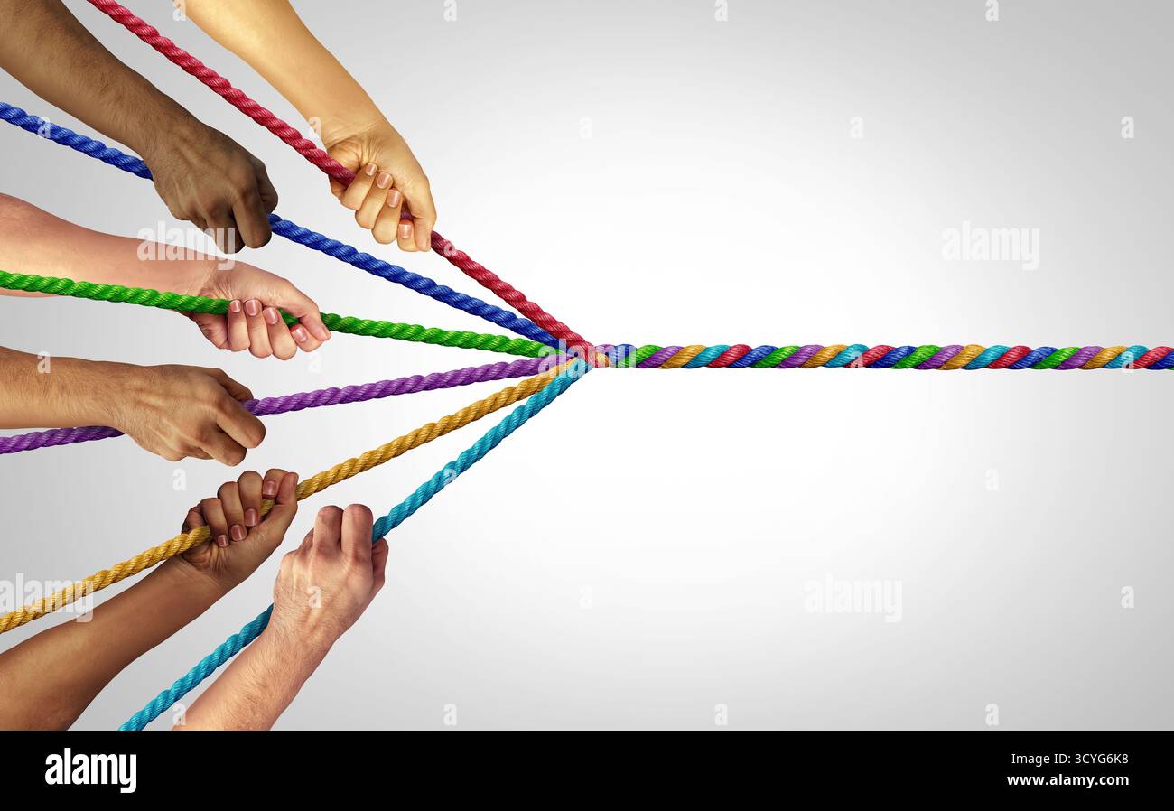 Unis et se rassemblant comme un concept de construction d'équipe de motivation avec un groupe représentant l'unité se joignant comme un pour combiner la force individuelle Banque D'Images