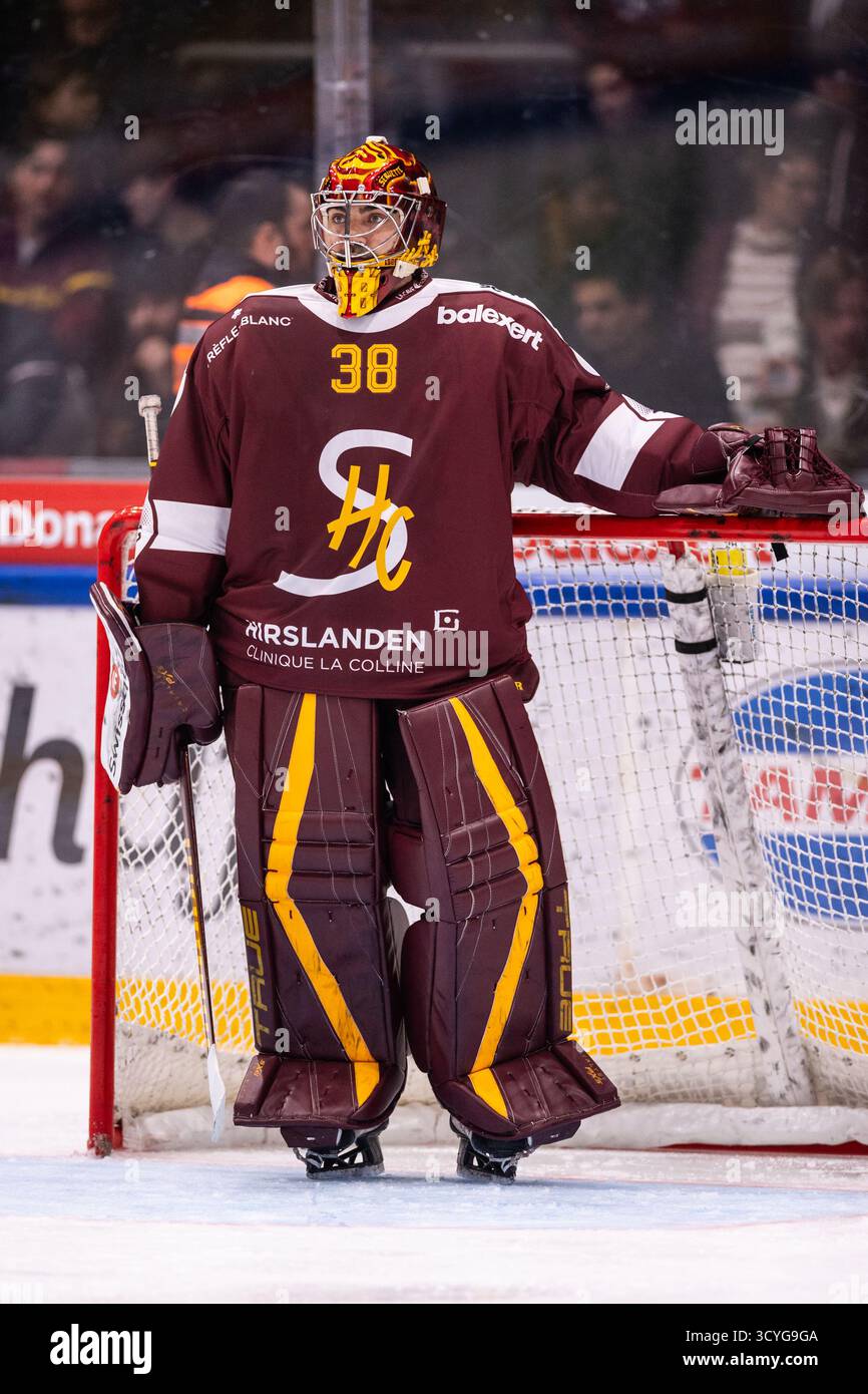 18/10/2025, les Acacias, les Vernets, NL : Genève-Servette HC - SC Bern, #38 gardien Stéphane Charlin (Servette) Banque D'Images
