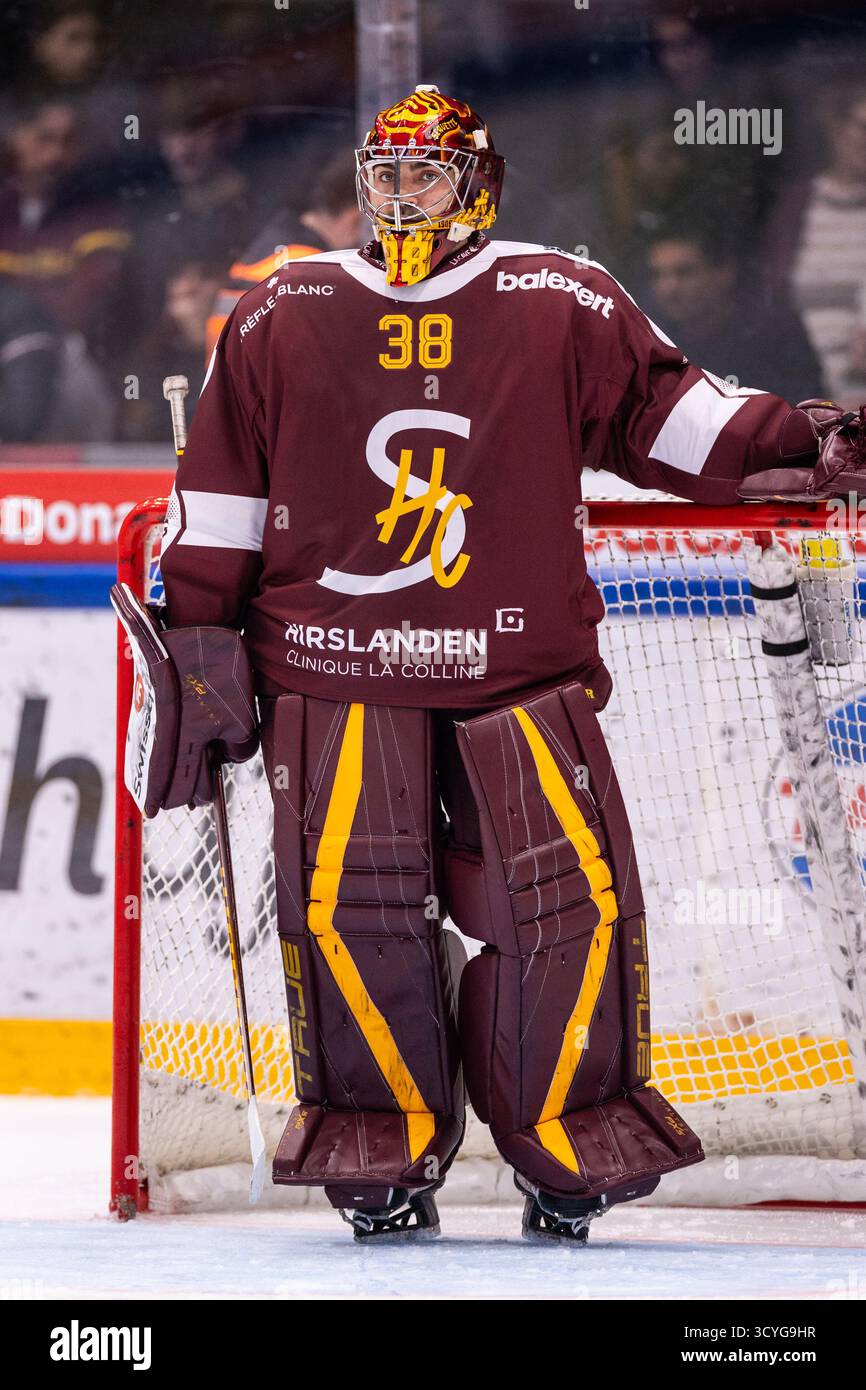 18/10/2025, les Acacias, les Vernets, NL : Genève-Servette HC - SC Bern, #38 gardien Stéphane Charlin (Servette) Banque D'Images