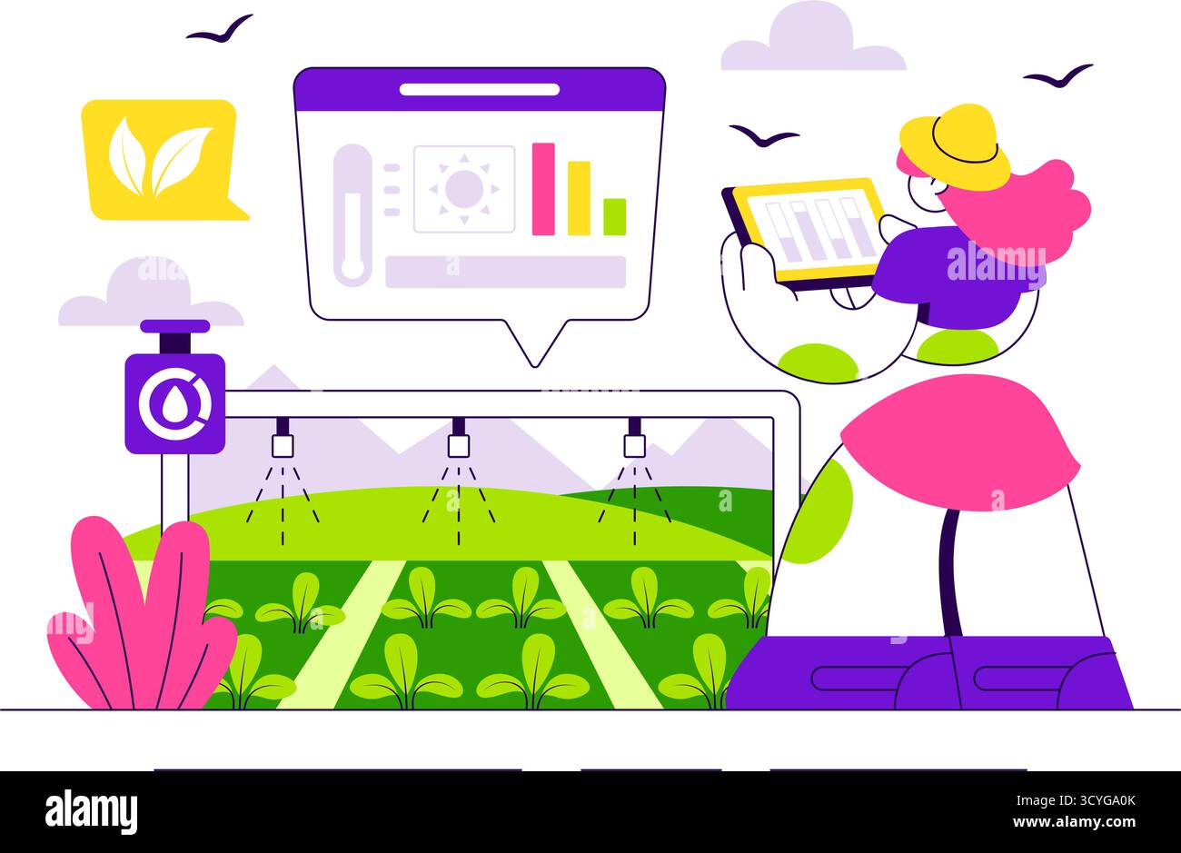 Illustration des systèmes d'irrigation Smart Agriculture présentant la croissance des plantes et l'agriculture verticale avec hydroponique et surveillance des plantes via l'application mobile Illustration de Vecteur