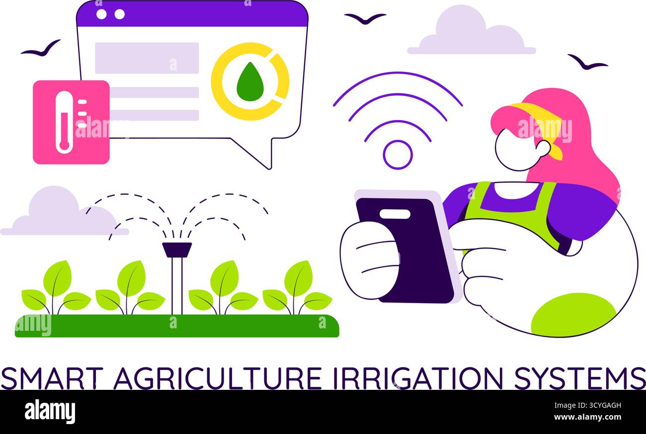 Illustration des systèmes d'irrigation Smart Agriculture présentant la croissance des plantes et l'agriculture verticale avec hydroponique et surveillance des plantes via l'application mobile Illustration de Vecteur