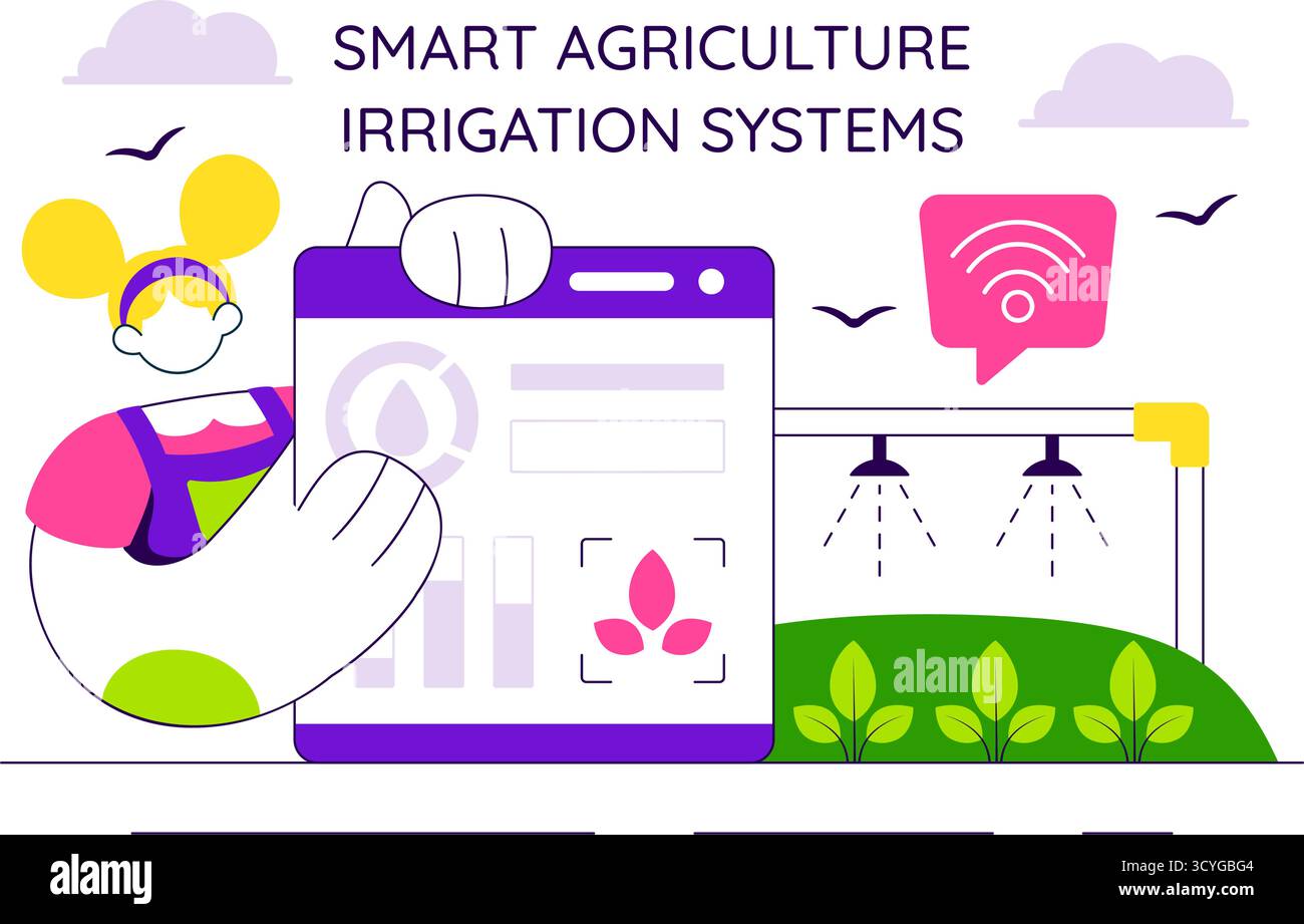 Illustration des systèmes d'irrigation Smart Agriculture présentant la croissance des plantes et l'agriculture verticale avec hydroponique et surveillance des plantes via l'application mobile Illustration de Vecteur