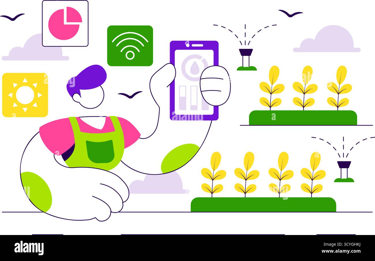 Illustration des systèmes d'irrigation Smart Agriculture présentant la croissance des plantes et l'agriculture verticale avec hydroponique et surveillance des plantes via l'application mobile Illustration de Vecteur