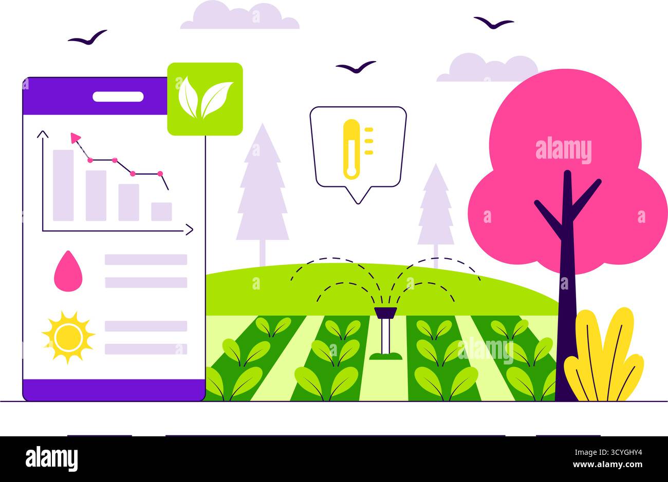 Illustration des systèmes d'irrigation Smart Agriculture présentant la croissance des plantes et l'agriculture verticale avec hydroponique et surveillance des plantes via l'application mobile Illustration de Vecteur