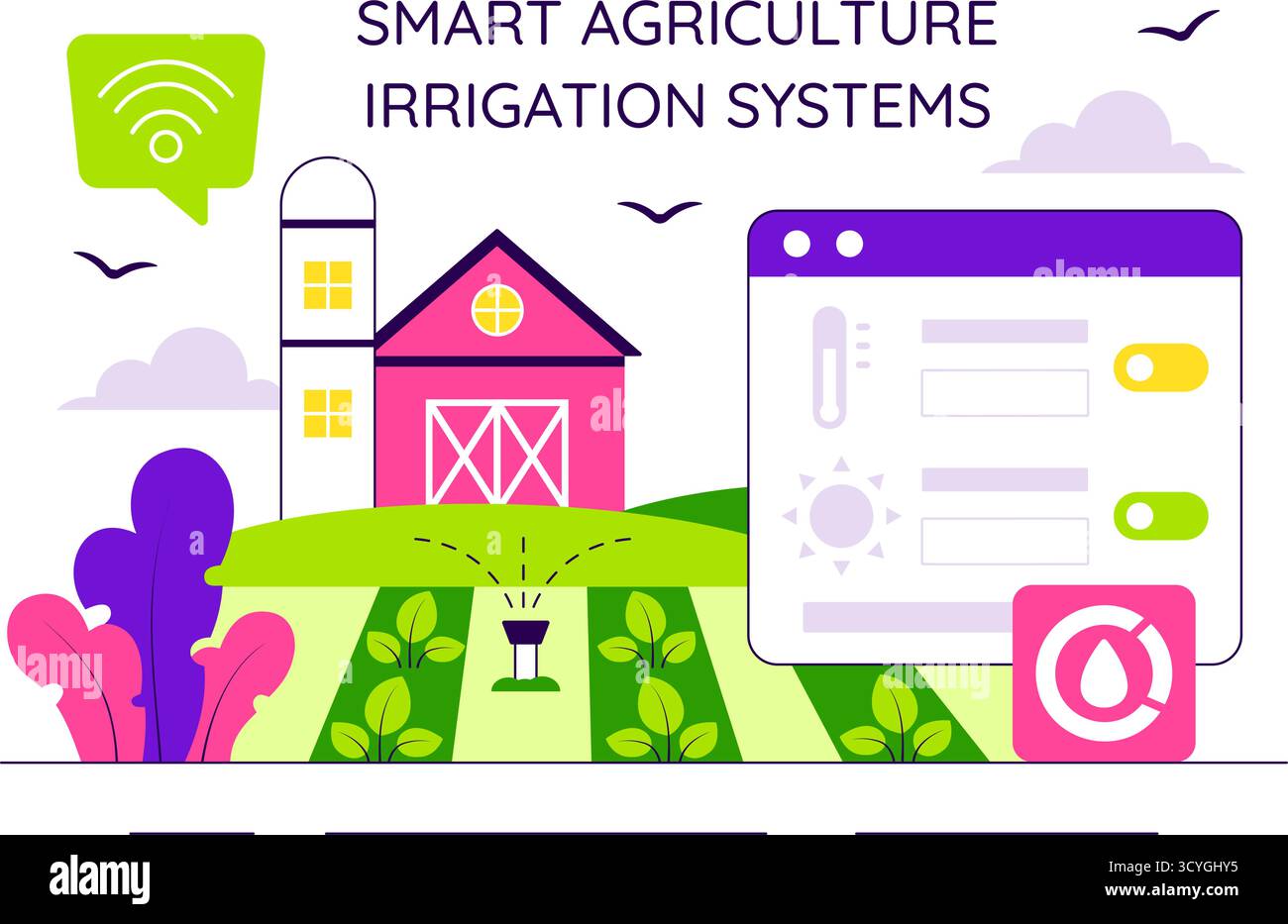 Illustration des systèmes d'irrigation Smart Agriculture présentant la croissance des plantes et l'agriculture verticale avec hydroponique et surveillance des plantes via l'application mobile Illustration de Vecteur