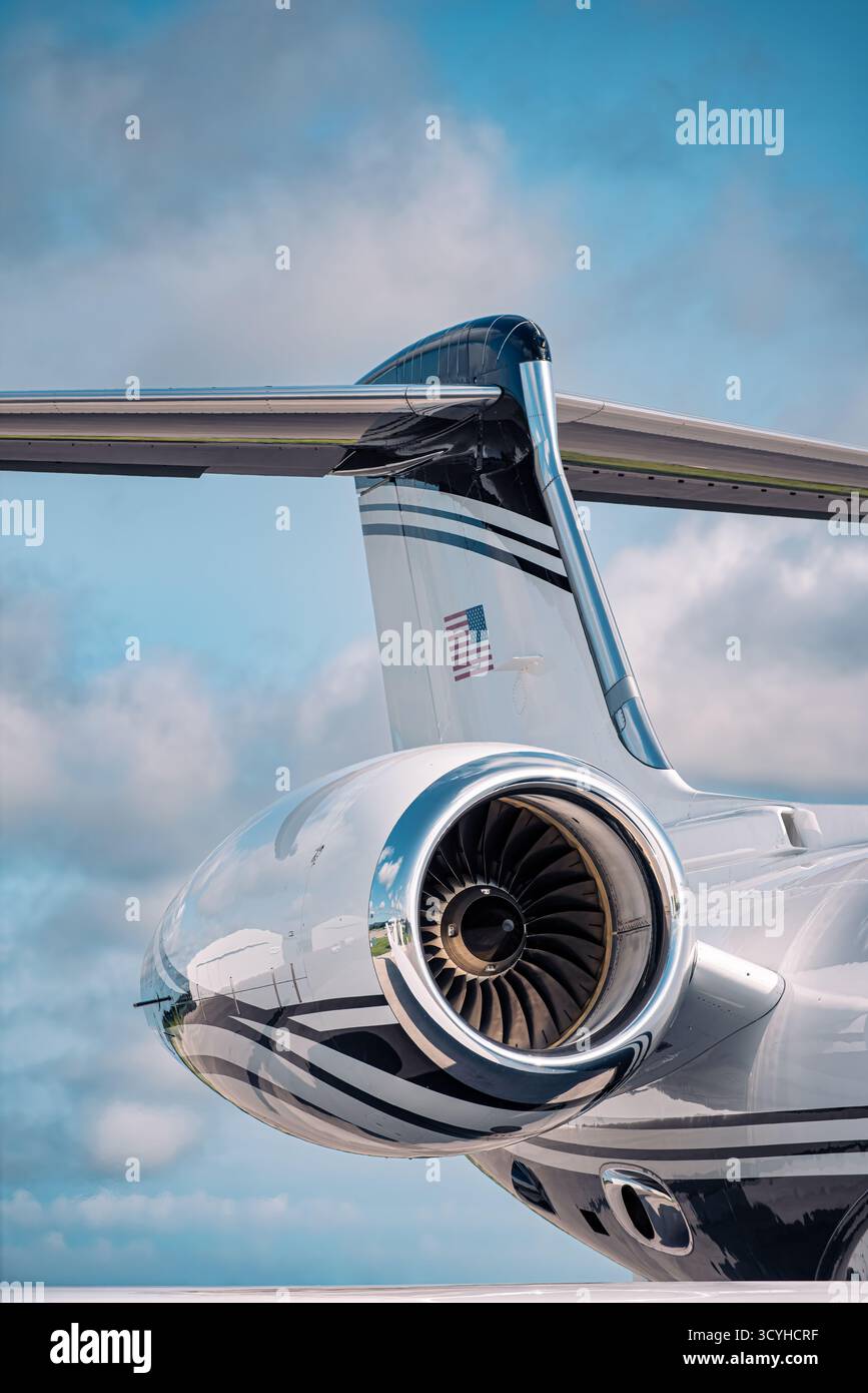 Turboréacteur à double flux et queue en T d'un avion d'affaires élégant, montrant une précision aérodynamique et une finition métallique réfléchissante sous ciel nuageux. Banque D'Images