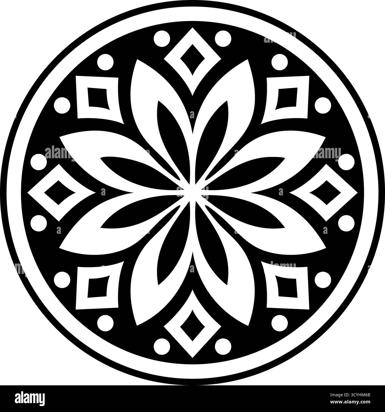 Fleur folklorique stylisée en noir et blanc, élément de conception florale décorative, illustration vectorielle, style mandala, disposition symétrique et contraste audacieux, déco Illustration de Vecteur