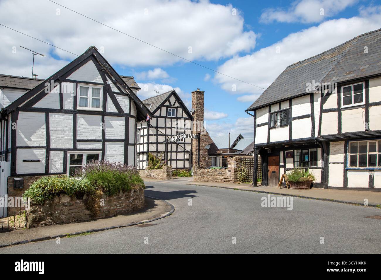 Cottages de campagne à colombages noirs et blancs dans le village de Weobley dans le Herefordshire, une partie de la piste noire et blanche. Banque D'Images