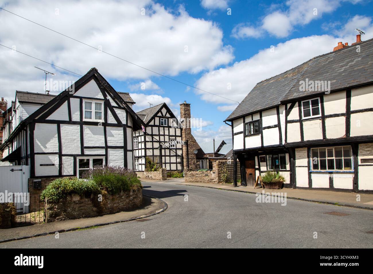 Cottages de campagne à colombages noirs et blancs dans le village de Weobley dans le Herefordshire, une partie de la piste noire et blanche. Banque D'Images