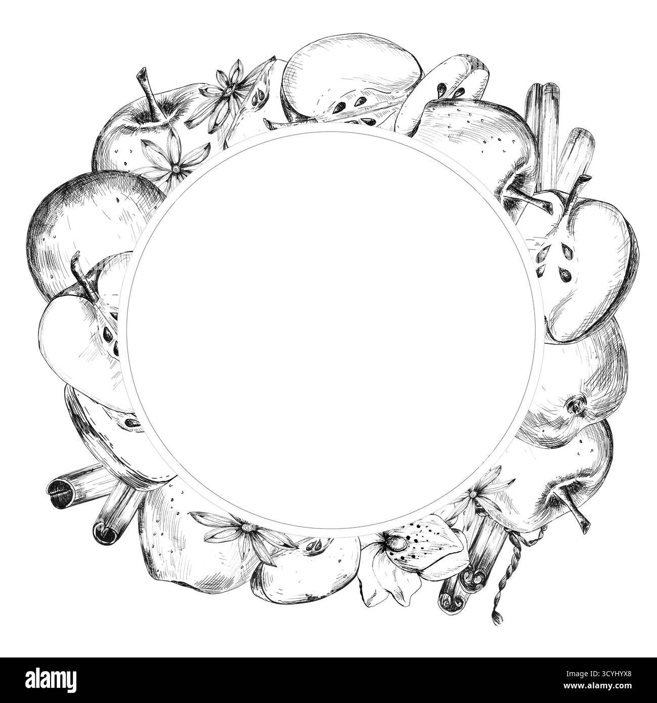 Couronne de pommes dessinées à l'encre, tranches de pommes, cannelle et épices d'anis. Dessin noir et blanc. Clipart de fruits. Cadre circulaire. Illustration dessinée à la main pour Banque D'Images