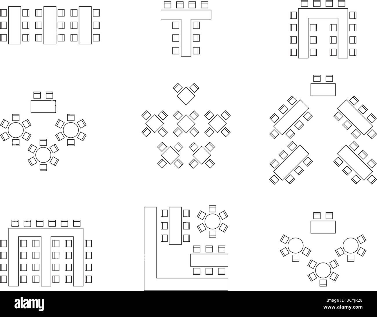 Ensemble d'icônes de plan de siège, Maison, restaurant, séminaire, école, vue de dessus, chaise et table, forme V, plan architectural avec plan, course personnalisable Illustration de Vecteur Ensemble d'icônes de plan de siège, Maison, restaurant, séminaire, école, vue de dessus, chaise et table, forme V, plan architectural avec plan, course personnalisable Illustration de Vecteur
