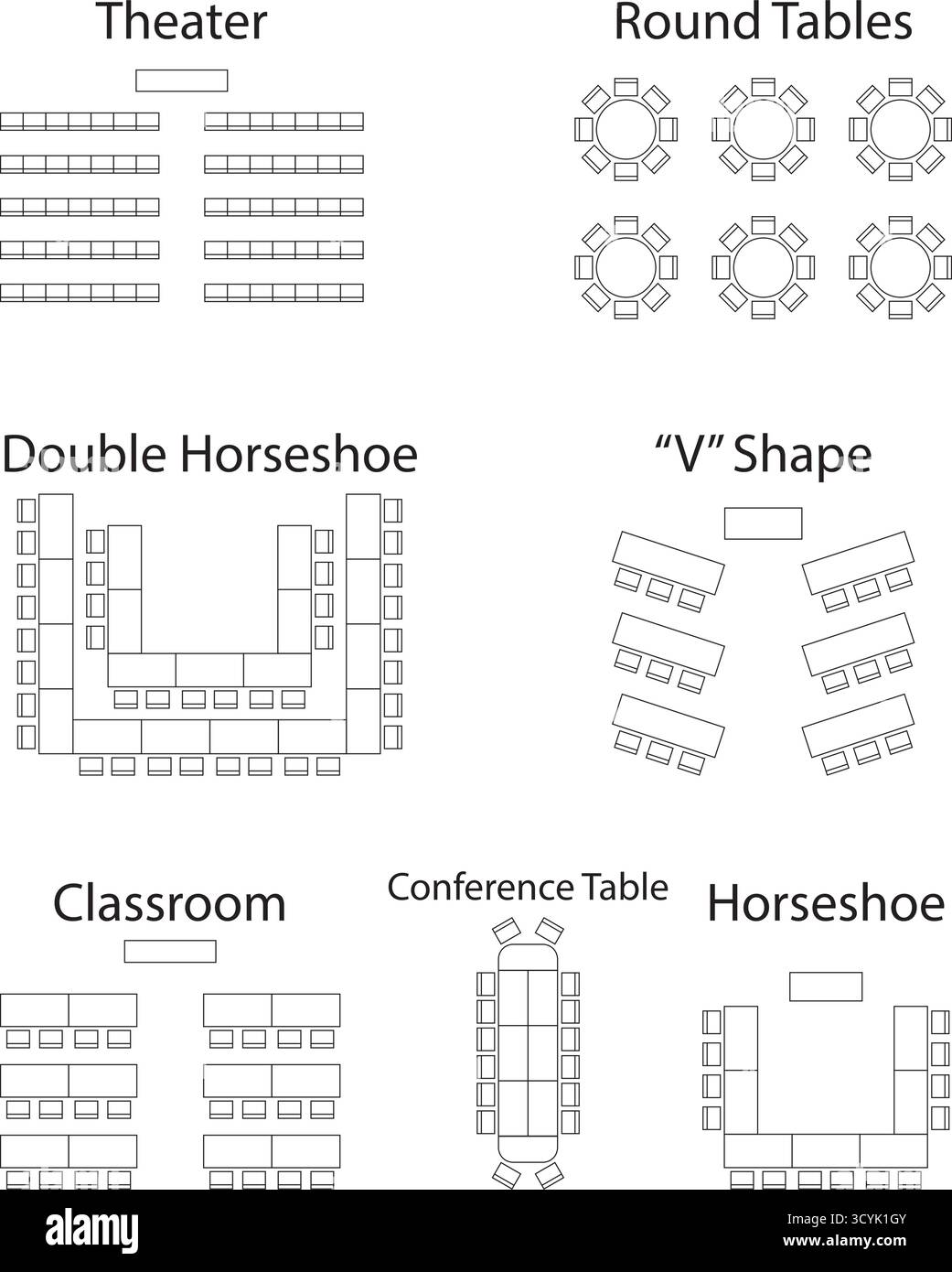 Ensemble d'icônes de plan de siège, théâtre, tables rondes, séminaire, salle de classe, Conférence, forme en V, fer à cheval, vue de dessus, chaise et table, plan architectural Illustration de Vecteur