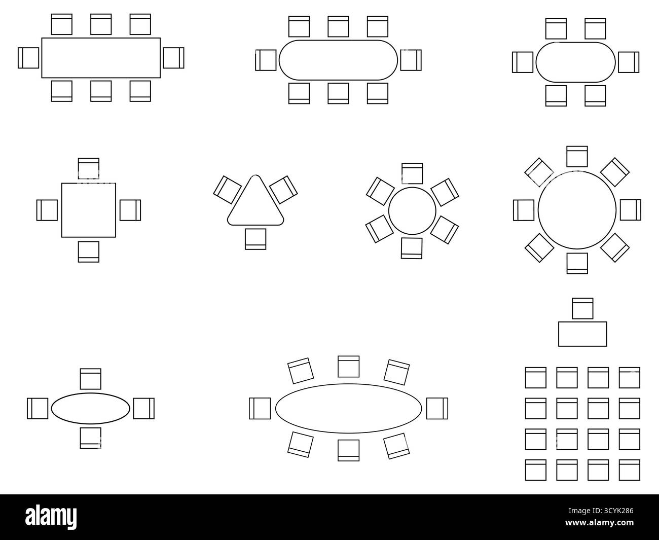 Ensemble d'icônes de plan de siège, plan d'étage, Accueil, restaurant, séminaire, école, vue de dessus, chaise et table, plan architectural, course personnalisable, vecteur Illustration de Vecteur